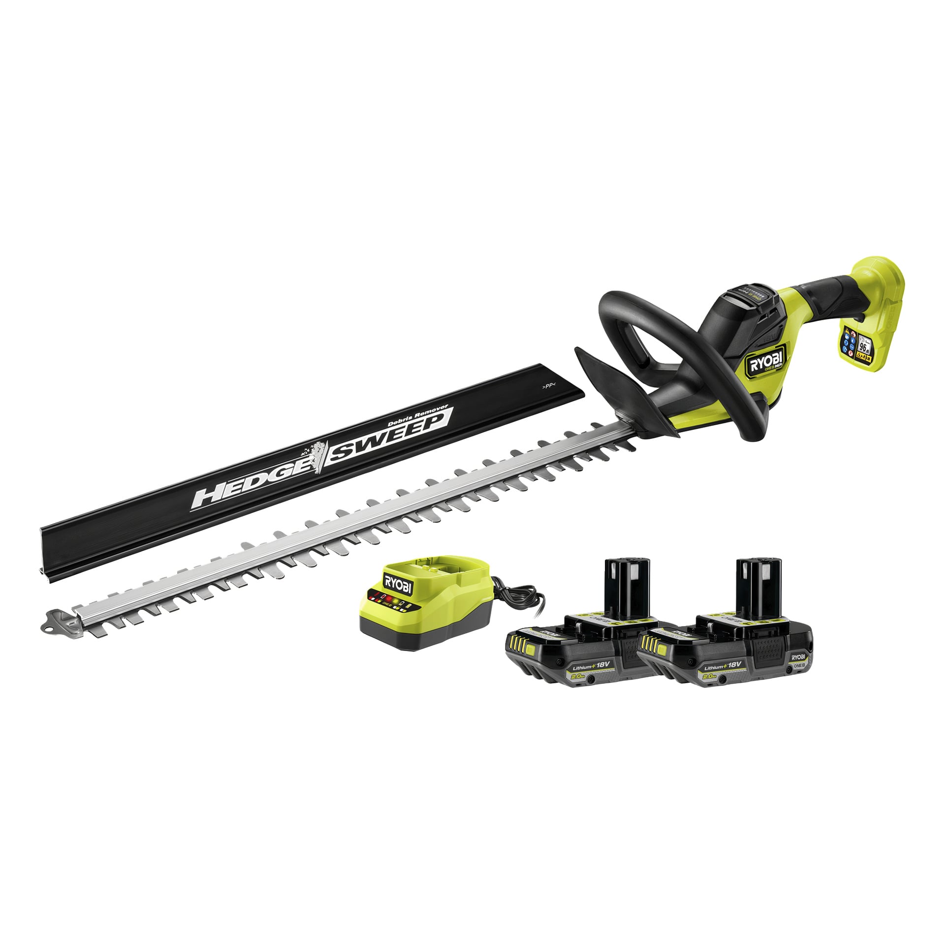 Ryobi RY18HTX60A-220 Hedge Trimmer med HedgeSweep, gul och svart laddare samt två 18V litiumjonbatterier visas.