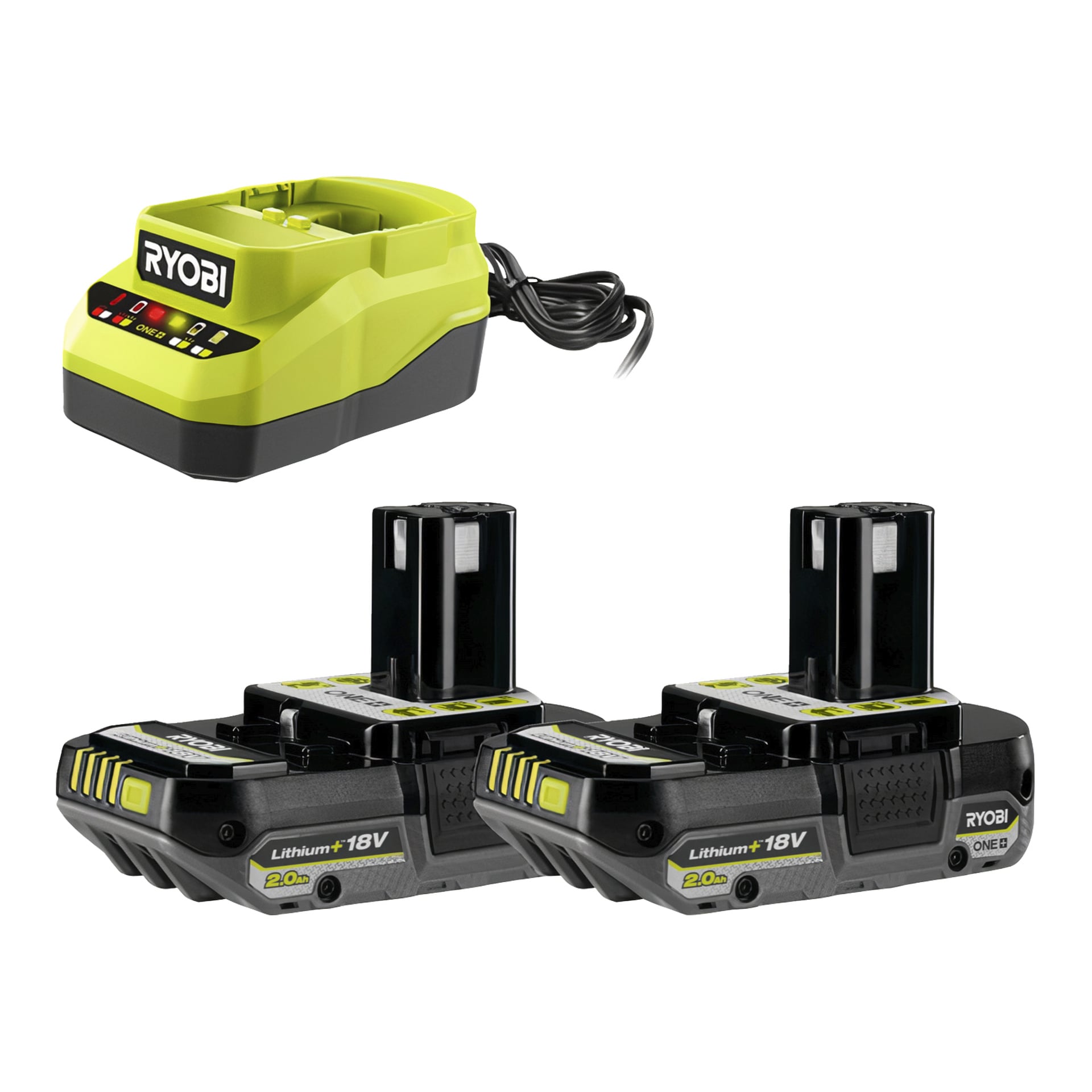 En Ryobi RY18HTX60A-220 batteridriven häcksax med två 18V 2.0Ah-batterier och en laddare placerad sida vid sida.