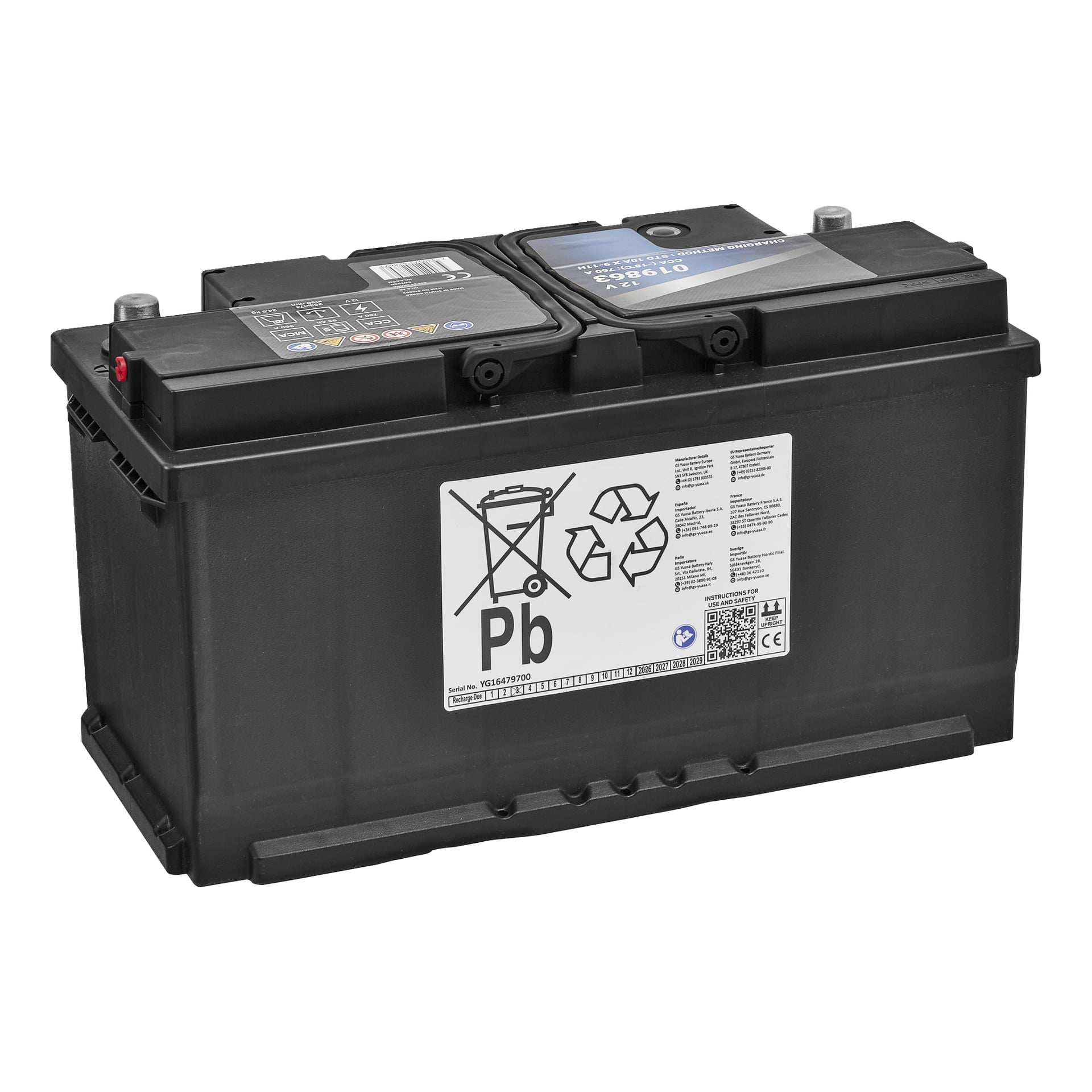 Black Hamron Marine/rekreationsbatteri med varningsetiketter, återvinnings- och PB-symboler, två övre terminaler och angivna specifikationer.