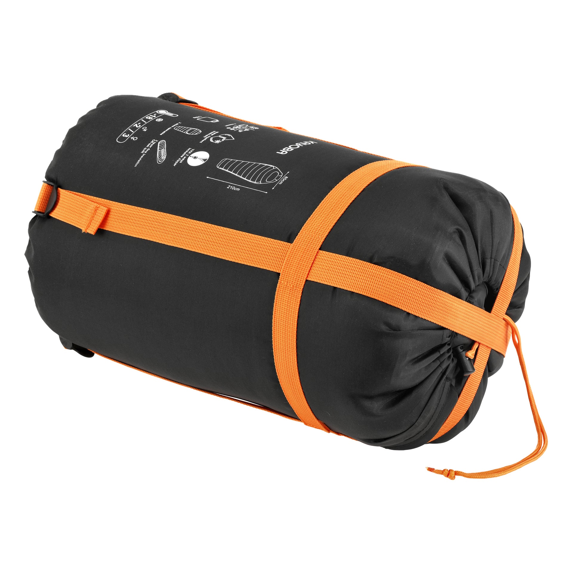En hoprullad svart Kayoba-sovsäck med orange remmar har vita tryckta instruktioner och symboler på ytan.
