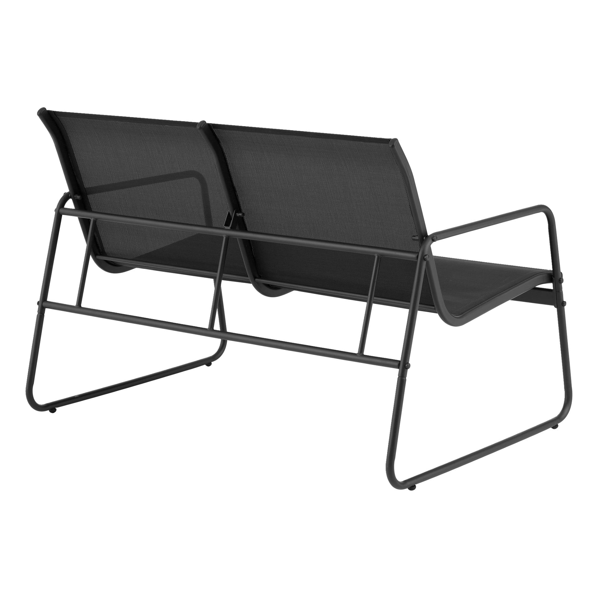 EKVIP 4-delt sett: svart metall minimalistisk benk, to sammenkoblede seter med nettingrygger og seter, armlener, rørformet ramme.