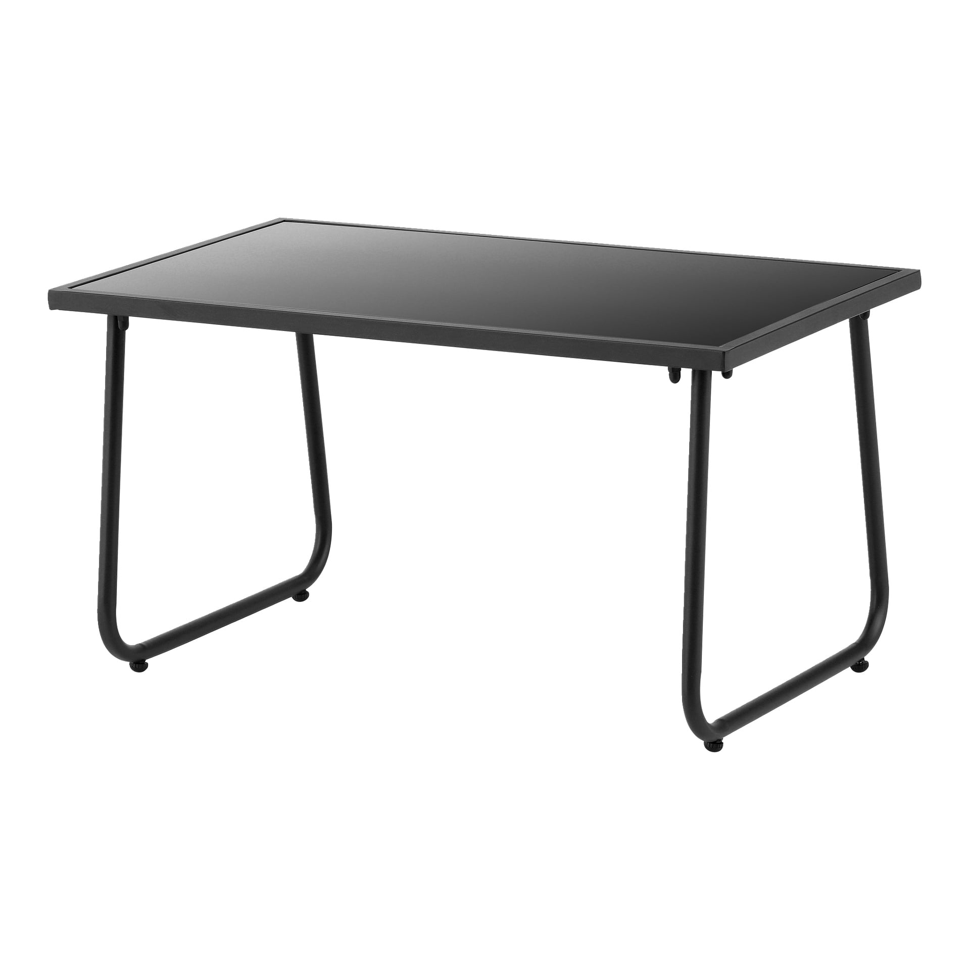EKVIP Furniture Set inkluderer et elegant svart rektangulært bord med glatt plate og fire buede sledeben for et moderne, minimalistisk design.
