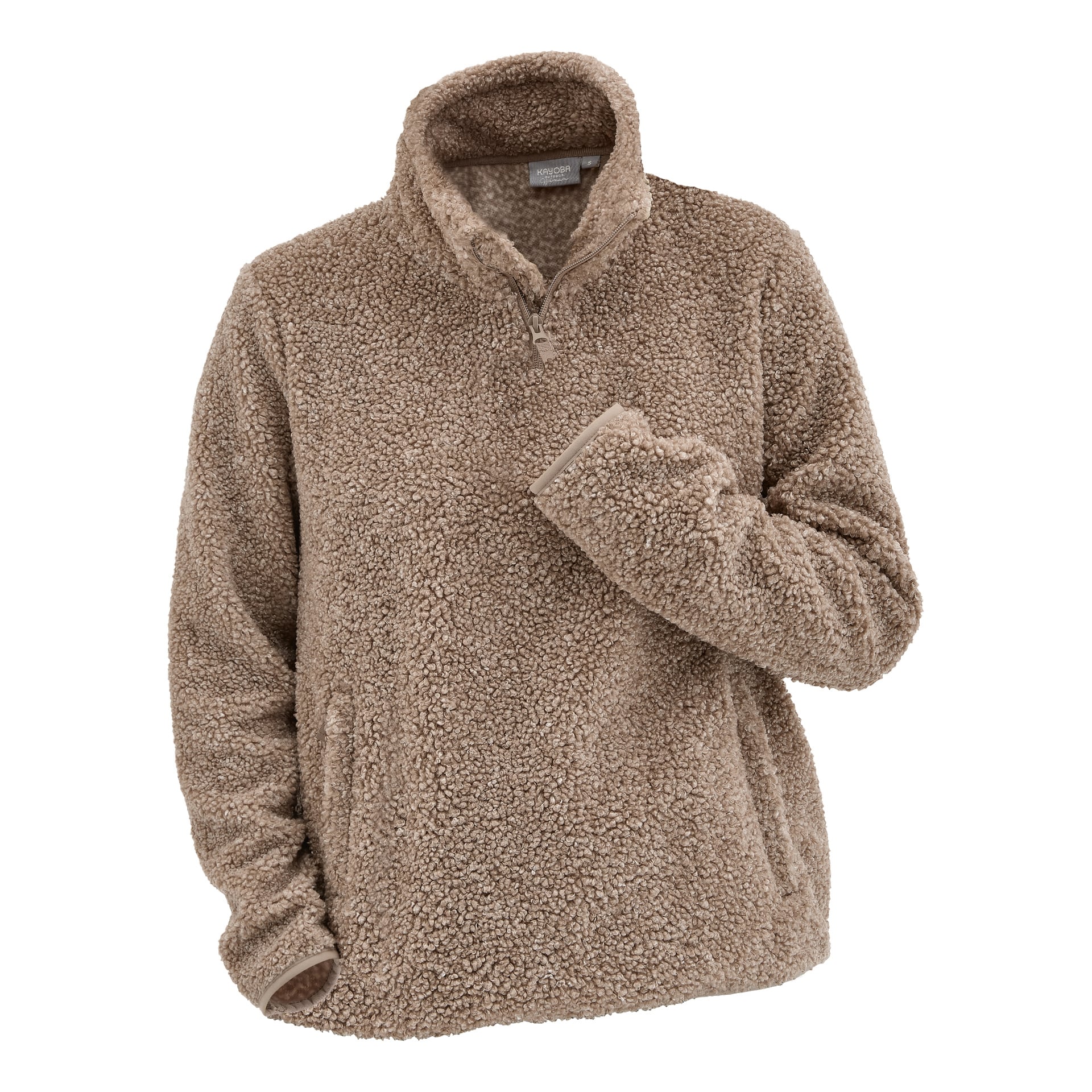 Tan Kayoba Outdoor Hamra Damen-Fleece-Pullover mit Viertel-Reißverschluss, hohem Kragen, Seitentaschen; Flach gelegt, ein Ärmel gefaltet.