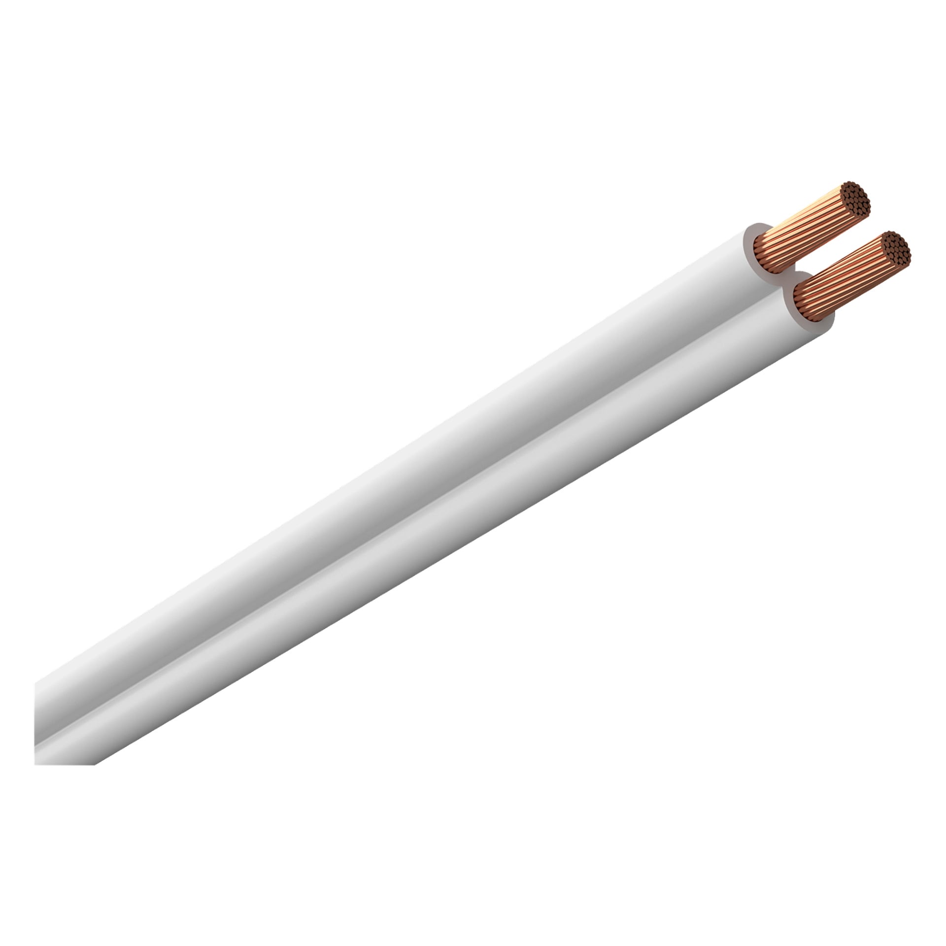 Amokabel RKUB-kabel vist med to side-ved-side-ledninger dekket med hvit isolasjon, hver ledning fylt med flere fine kobbertråder. Kabelendene er strippet for å vise de flertrådede kobberkjernene, egnet for bruk i elektriske eller høyttaleroppsett.