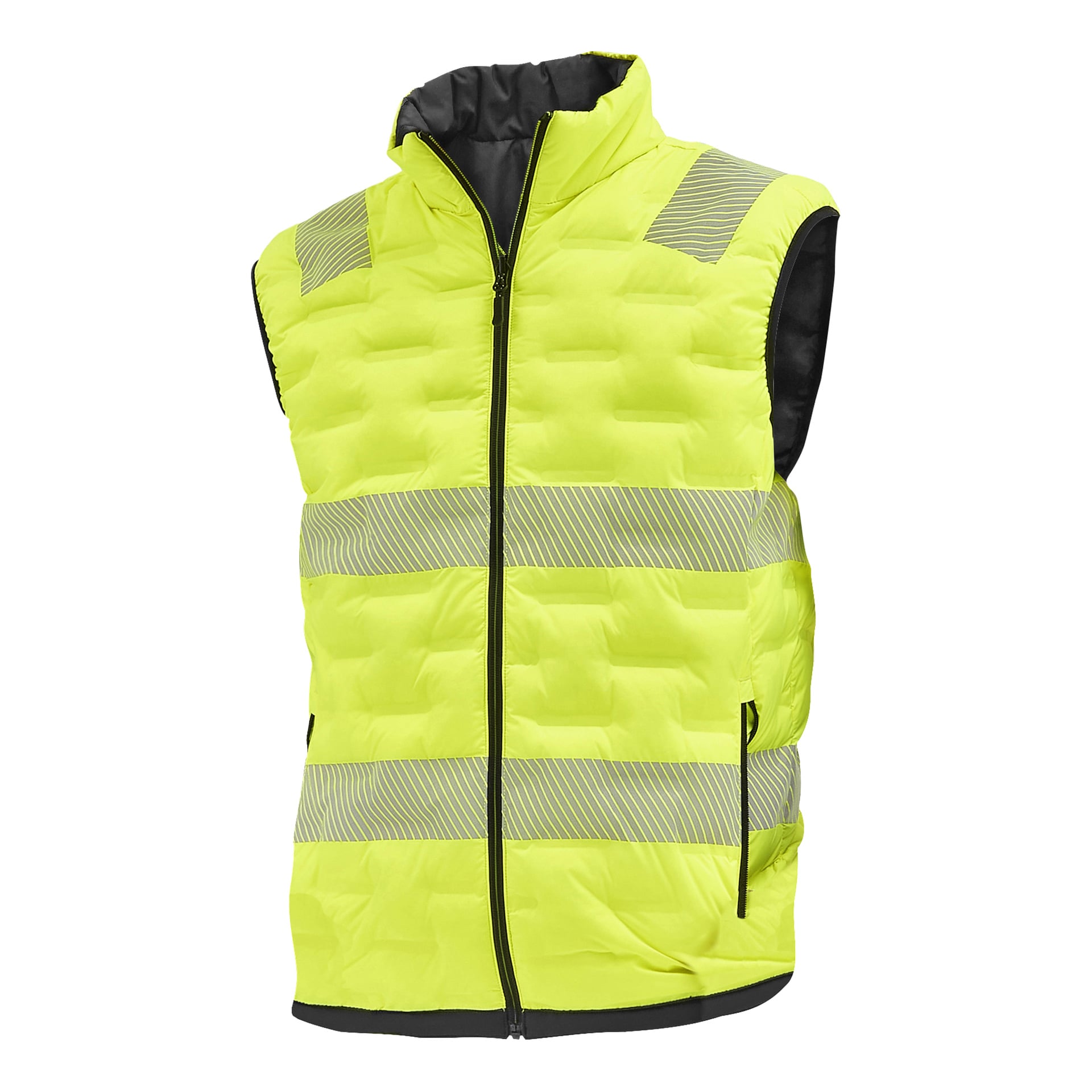 Bluewear Varmfodrad vändbar hög-vis-väst i klargult med svart dragkedja, två fickor med dragkedja och silverreflektiva ränder.
