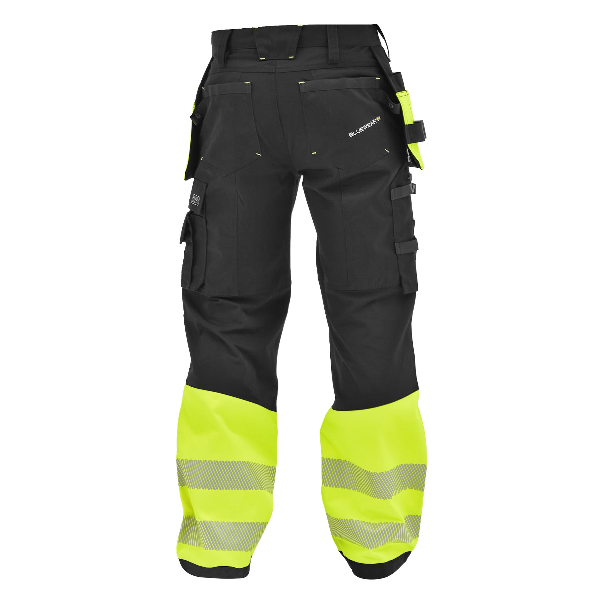 Svarta och neongula Bluewear Rex högsynlighetsbyxor med reflekterande ränder nära mudderna och flera verktygsfickor, baksvy.