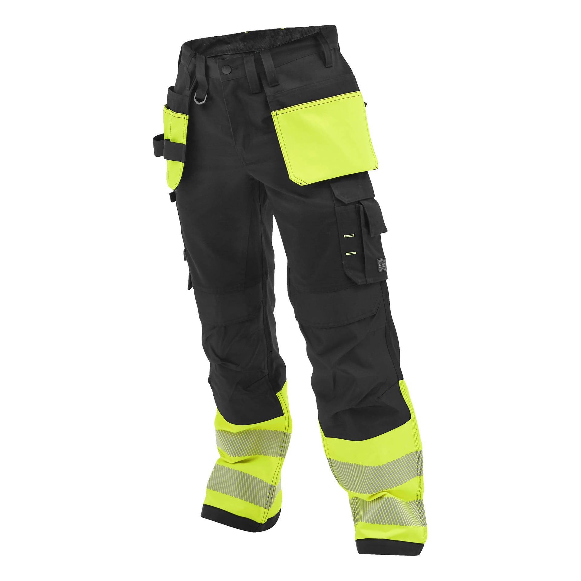 Svarta Bluewear Rex hög-vis-byxor med gula reflekterande lappar på knäna, fickorna, underbenen; Ha flera fickor och öglor.
