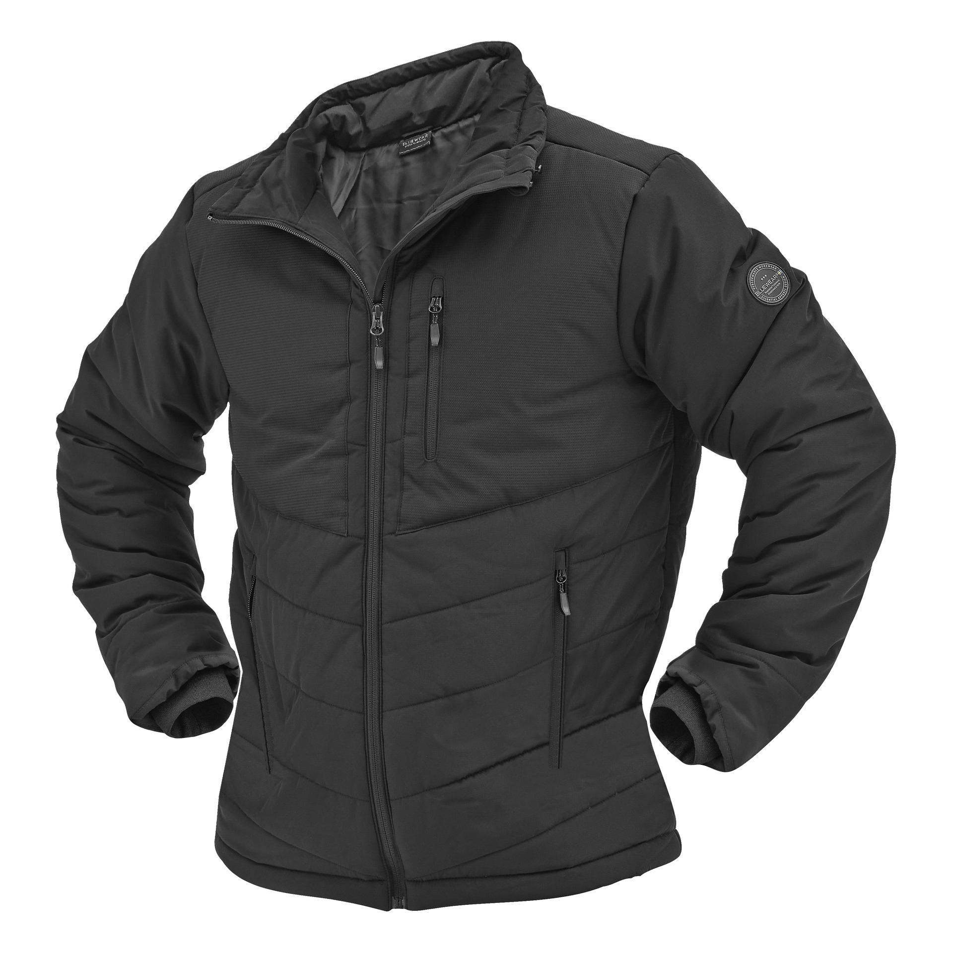 Svart Bluewear Padded Folke herrjacka med hög krage, dragkedja fram, två handfickor med dragkedja och en bröstficka.