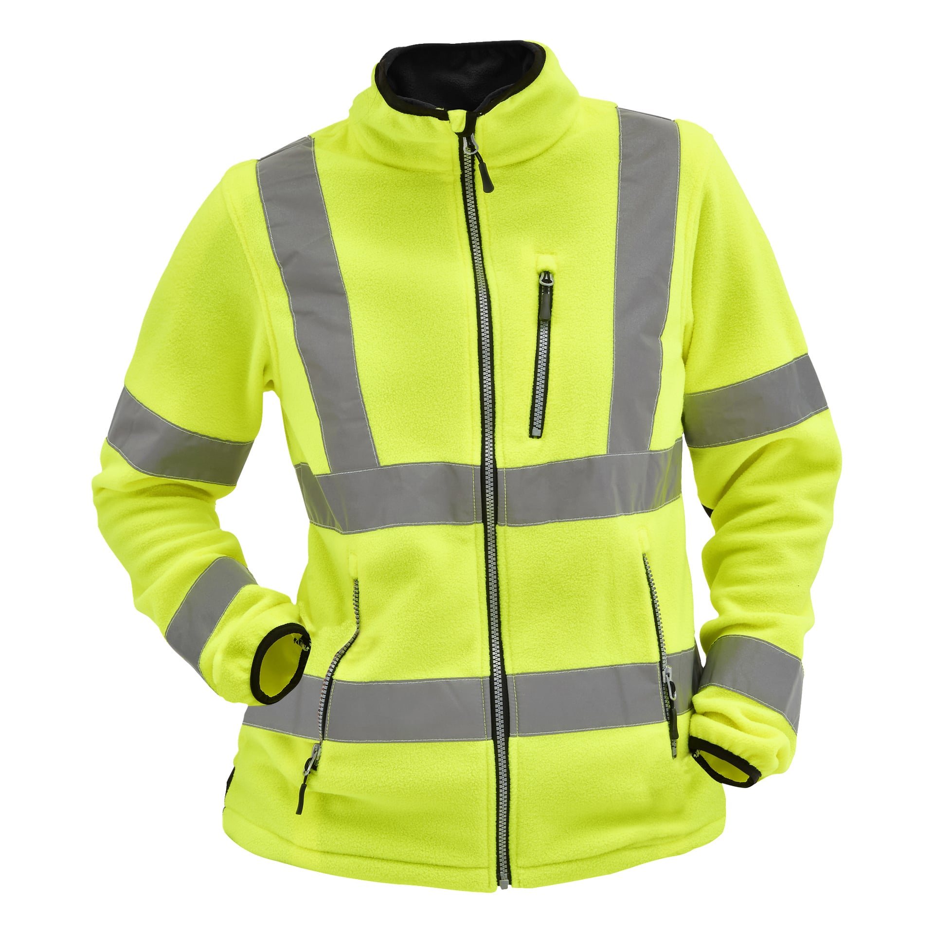 Bluewear Damers Hi-Vis fleecejacka i gult med silverreflekterande ränder, svart kant, dragkedja fram och flera fickor med dragkedja.
