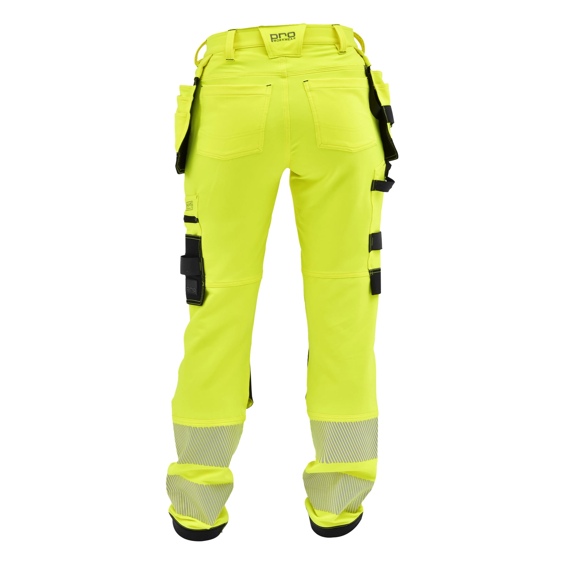 Bluewear Pro Workwear Stella gula högsynliga dambyxor med flera fickor, svarta verktygshållare och reflekterande manschetter.