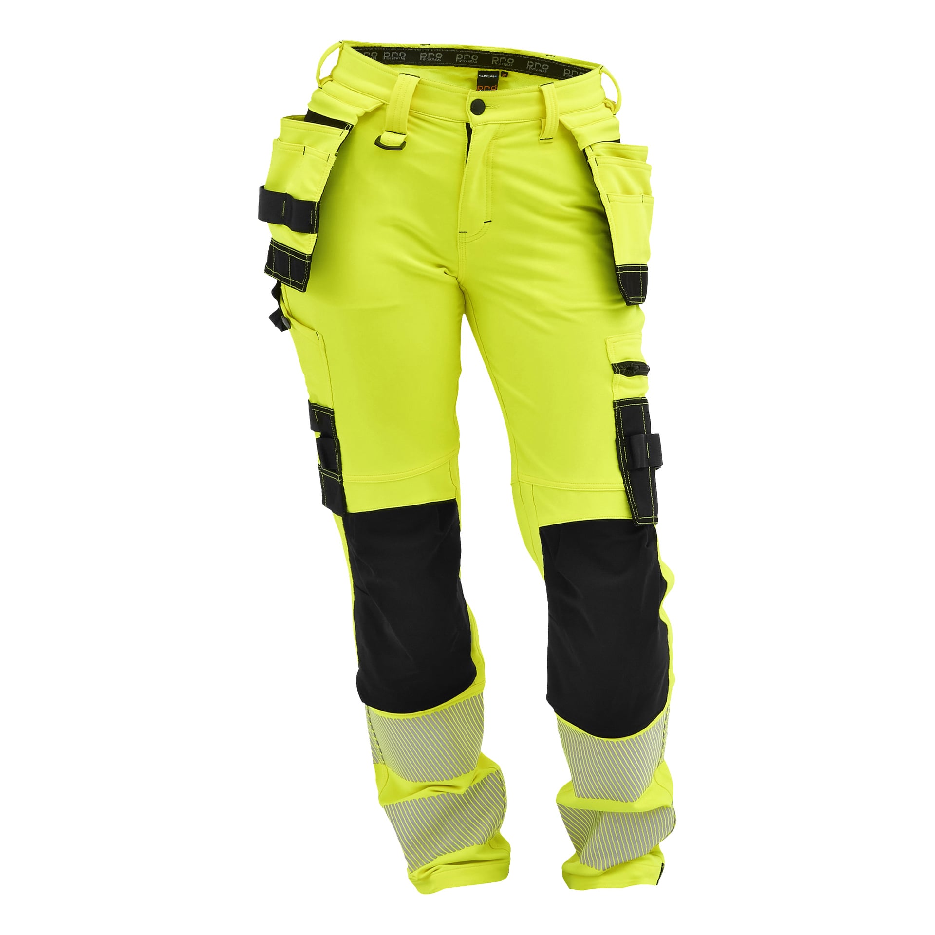Dambyxor med hög synlighet i Stella från Bluewear Pro Workwear med gult tyg, svarta fickor, förstärkta knän och reflekterande remsor.
