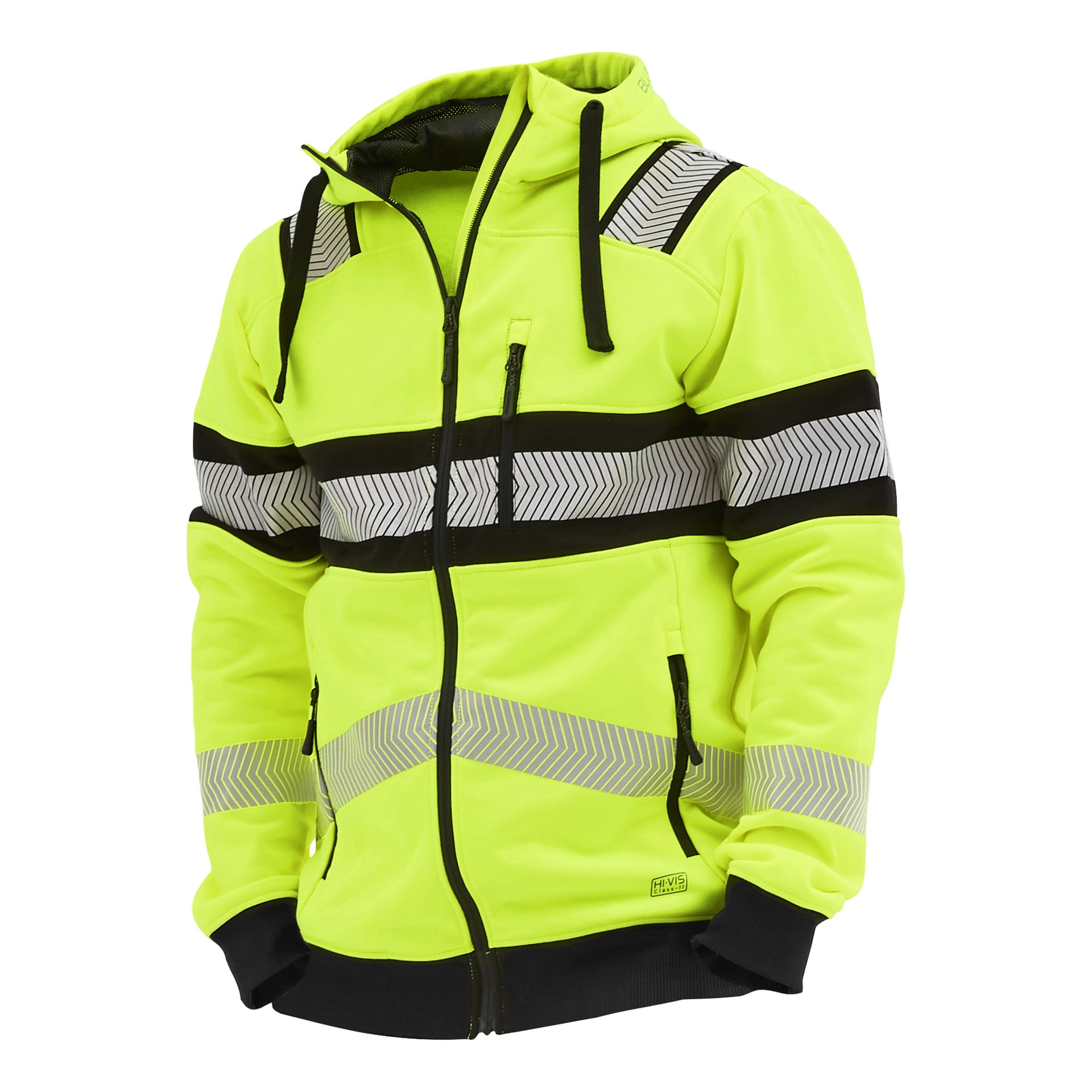 Fluorescencyjna żółta bluza z zamkiem z czarnymi akcentami, paskami odbijającymi w kształcie chevron, czarnymi sznurkami i kilkoma kieszeniami.
