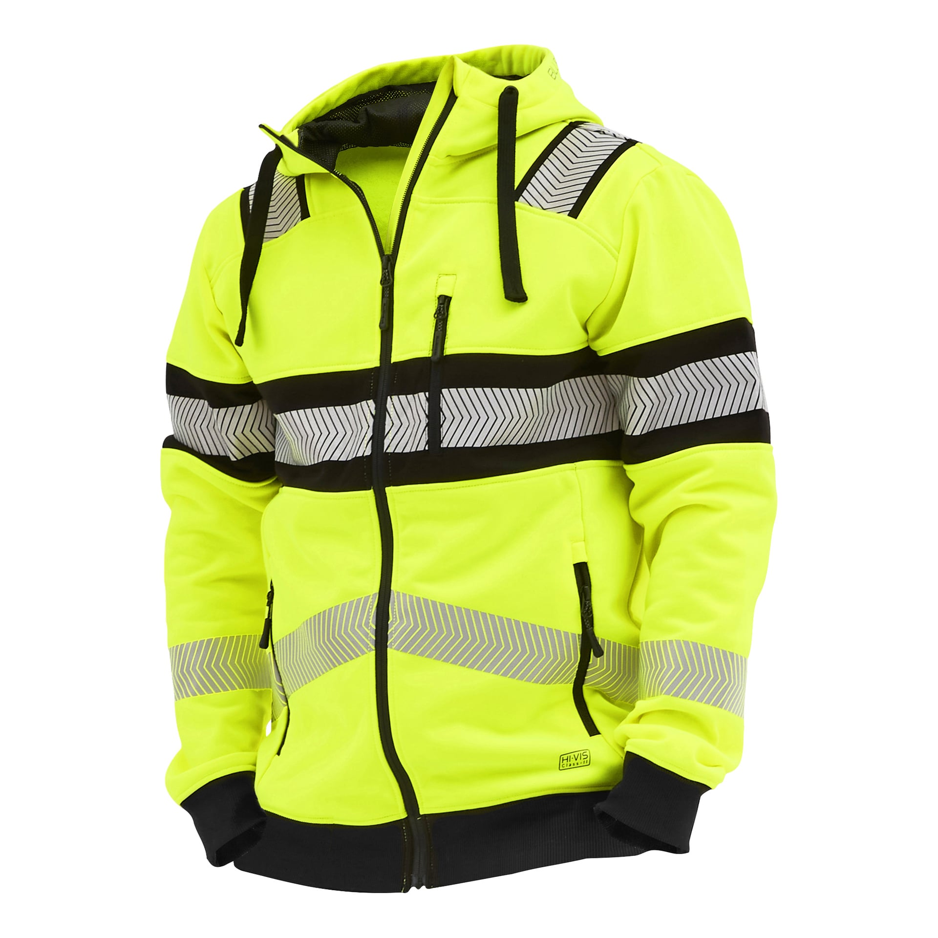 Bluewear Chambley hi-vis -huppari, kirkkaan keltainen, mustat ja hopeiset koristeet, musta vetoketju, taskut ja nyörit.