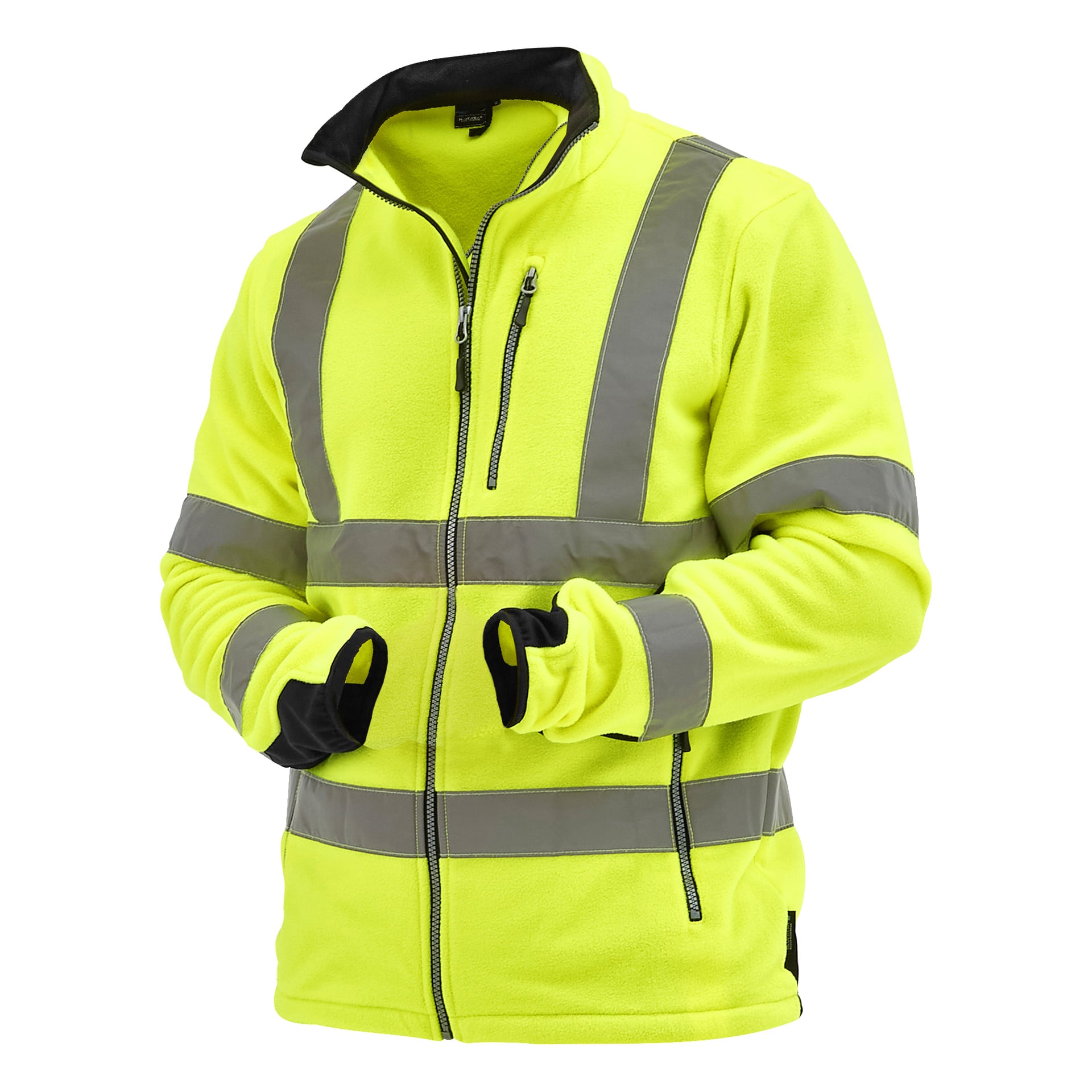 Bluewear Hi-Vis Chase fleecejacka i klargult med grå reflekterande ränder, dragkedja fram, tre fickor, svarta manschetter med tumhål.