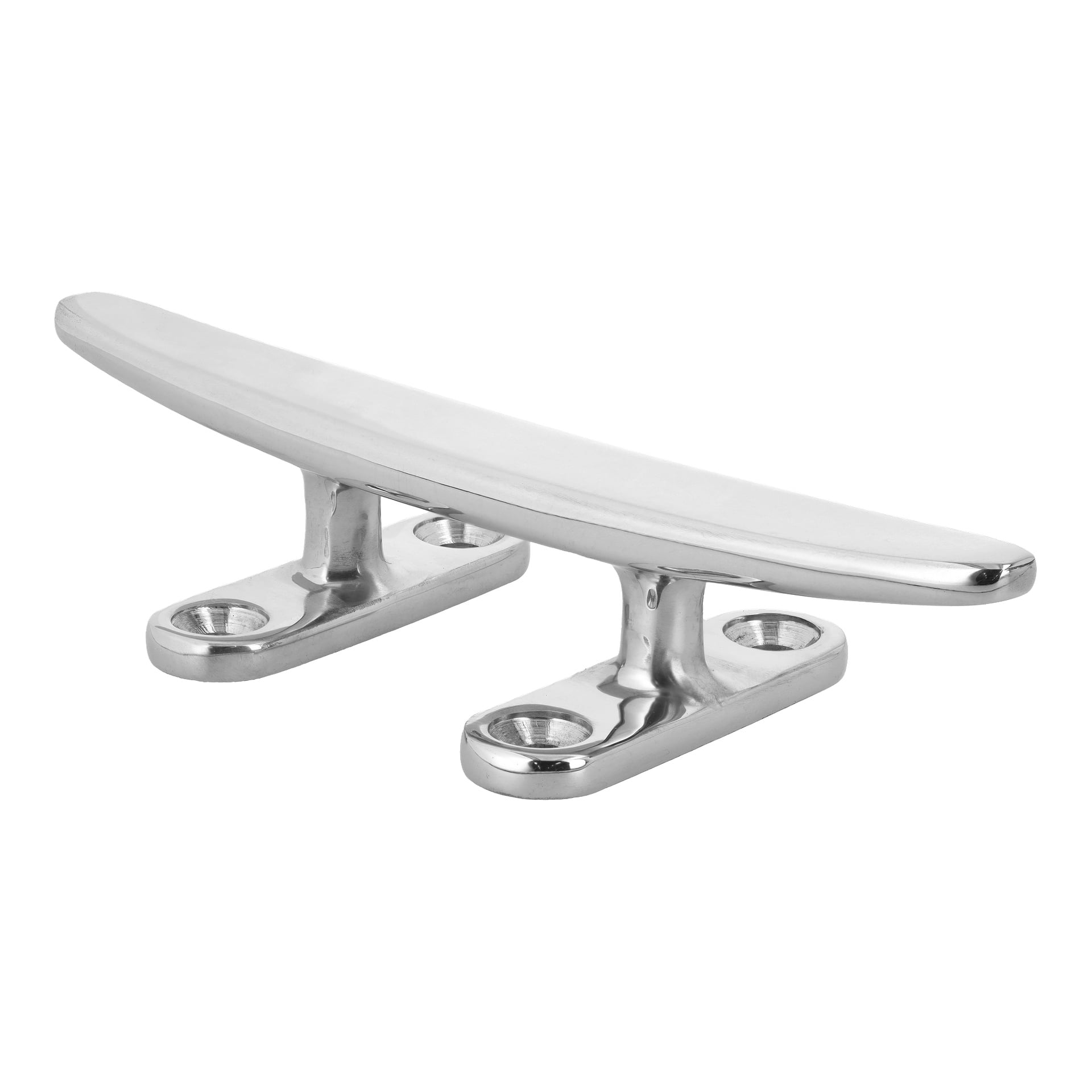 En blank metallbåtkloss med två monteringsbaser och fyra skruvhål, designad för att fästa rep på båtar.