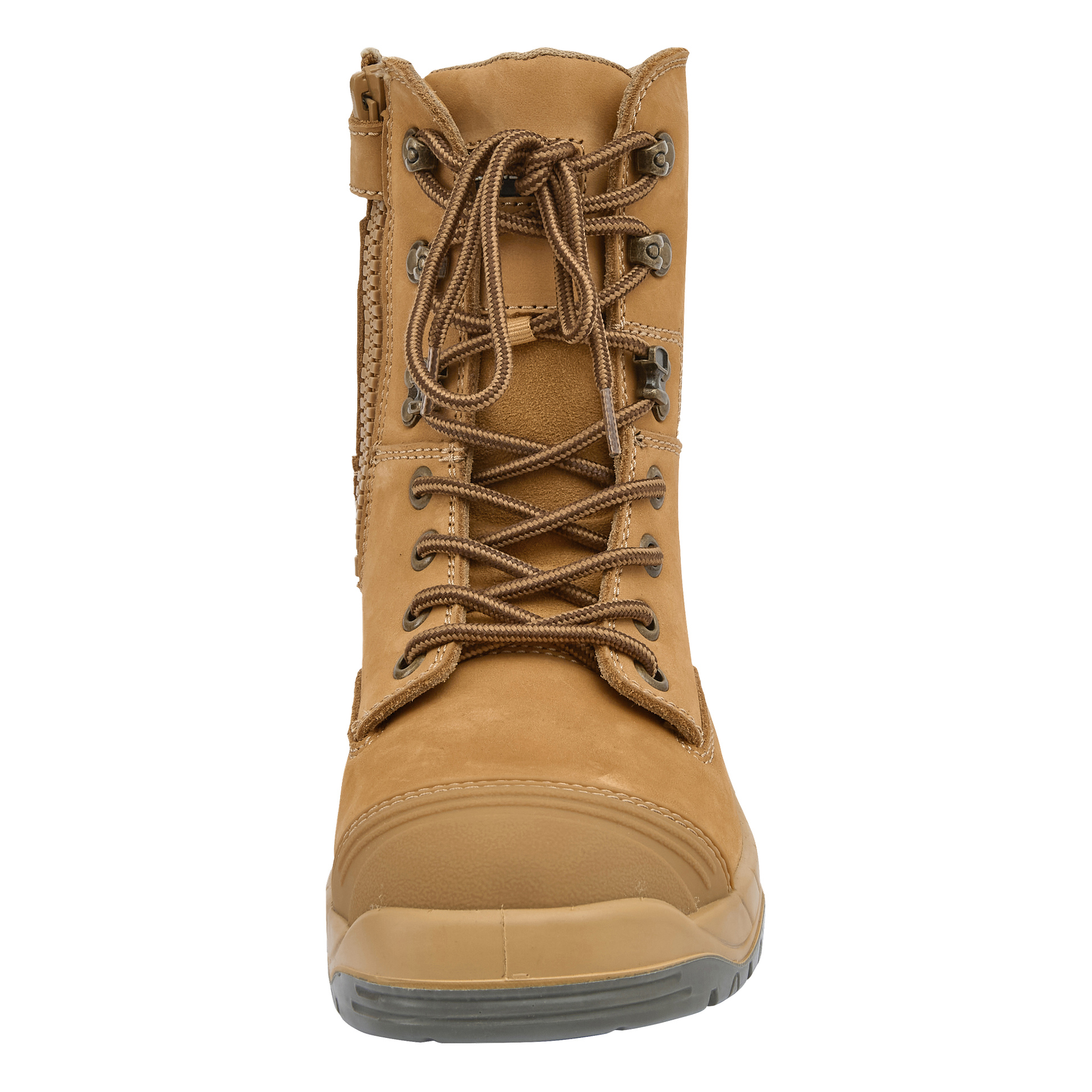 Bluewear Safety boots Durham har en beige design, bruna snören, metallöglor, sidodragkedja och en stadig gummisula för utomhusbruk.