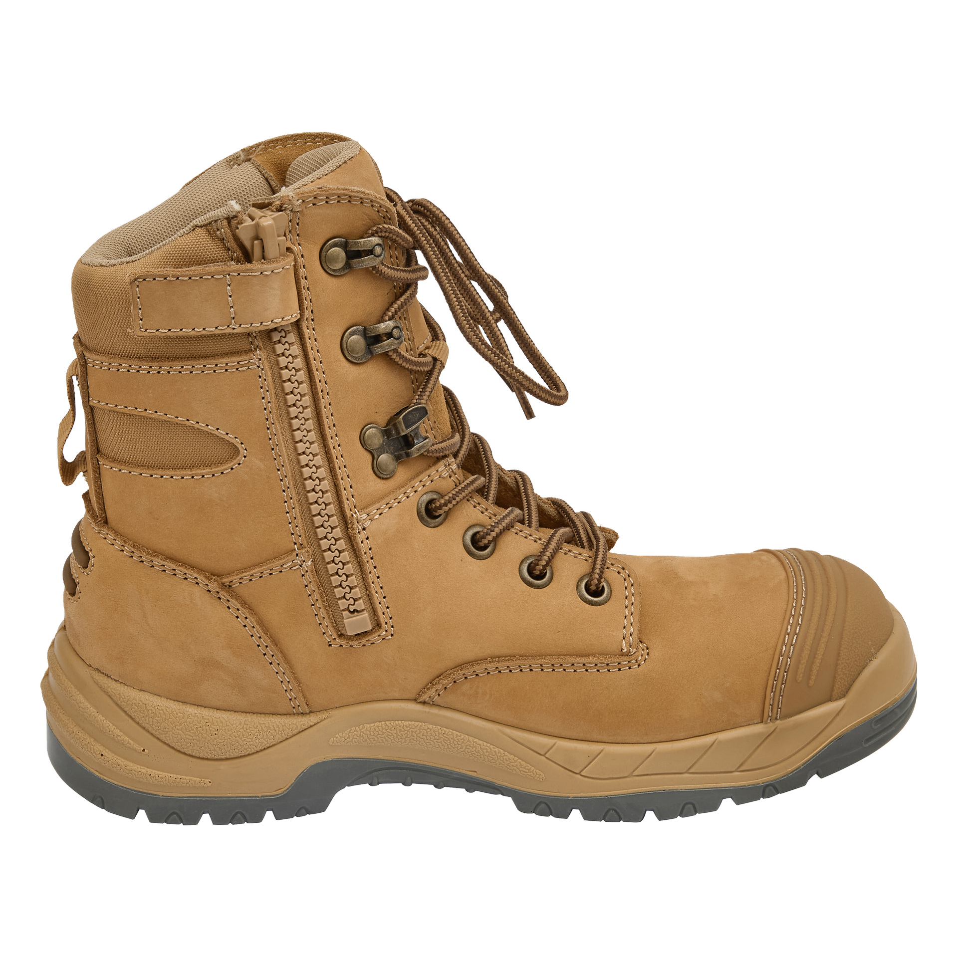Bluewear Safety boots Durham är beige, med en robust gummisula, sidodragkedja, fotledsvaddering, snören och förstärkt tåhatt.