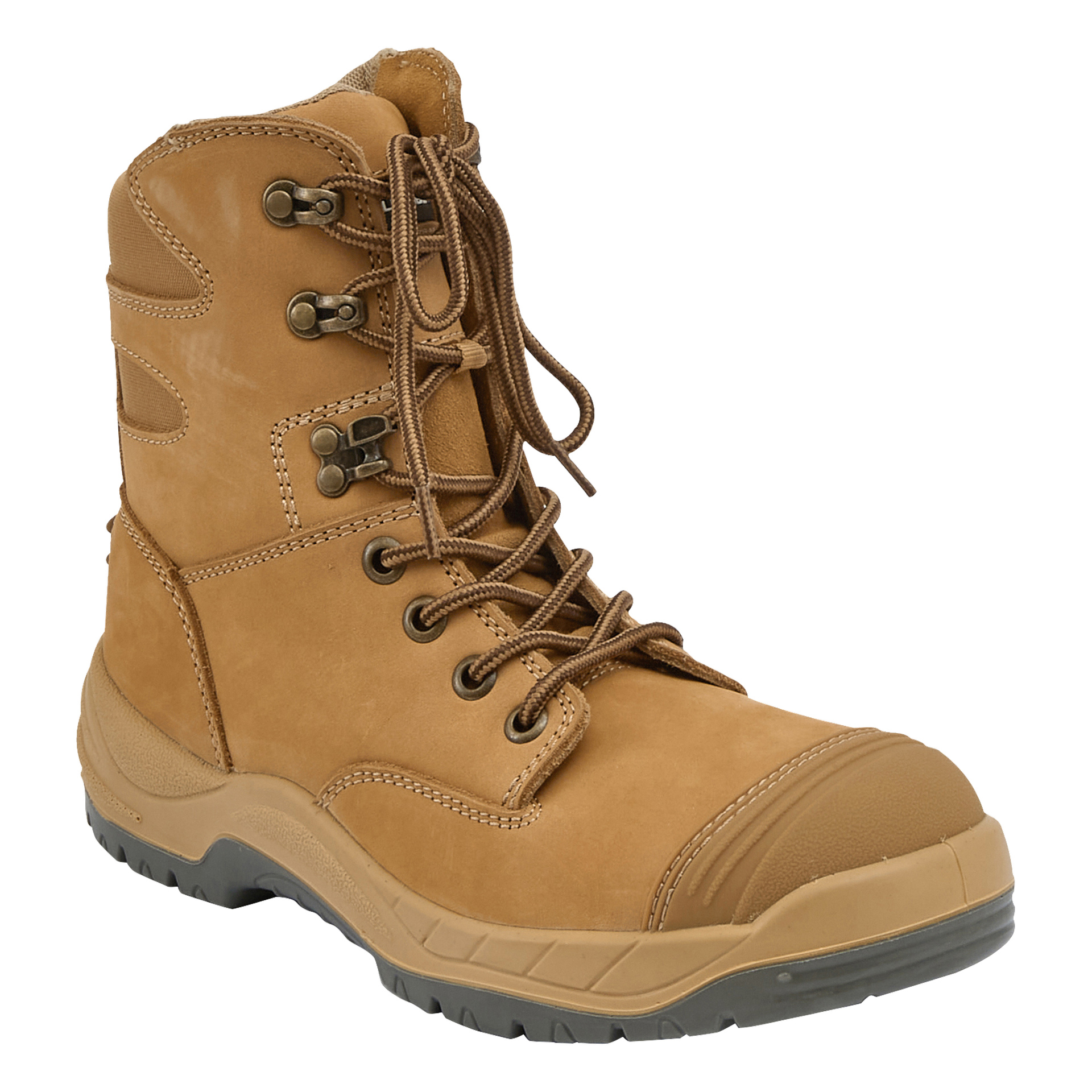 Bluewear Safety boots Durham är beige arbetsstövlar med hög ankel och mörkbruna snören, metallögon, förstärkta tår och tjocka sulor.