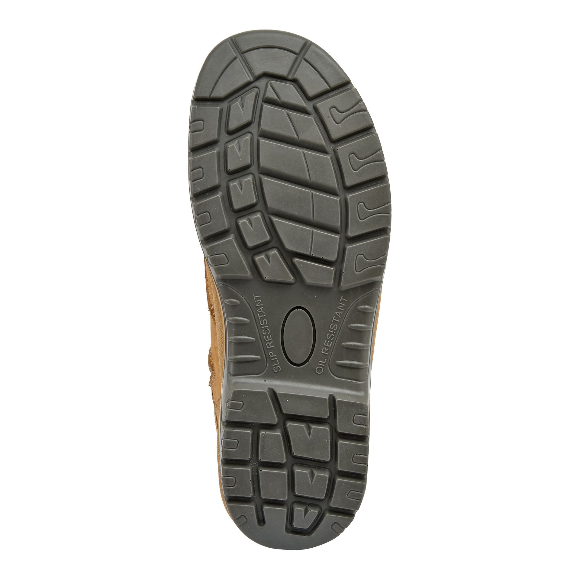 Svart gummisula på Bluewear Safety Boots Durham med mönster; märkta HALKMOTSTÅND och OLJEBESTÄNDIG. Ovansidan är brun.