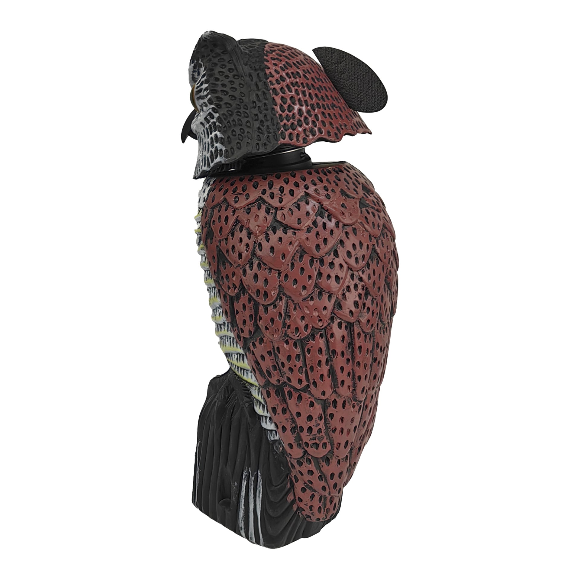 Hard Head Bird-avskräckaren är en plastuggle-lockbete med texturerade röda, svarta och vita fjädrar, synliga i sidoprofil.