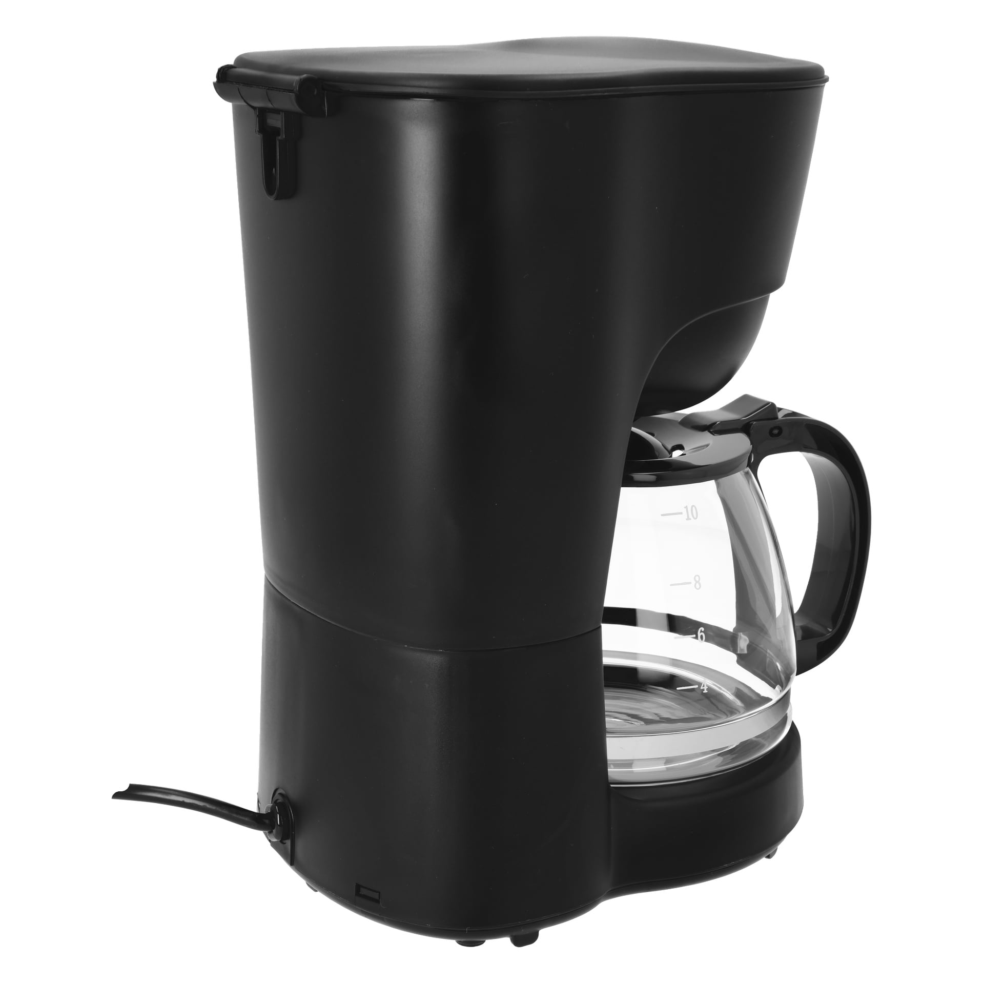 Bright Coffee Maker har en svart kropp, en glaskaraff med svart handtag och måttmarkeringar, samt en sladd som släpar åt vänster.