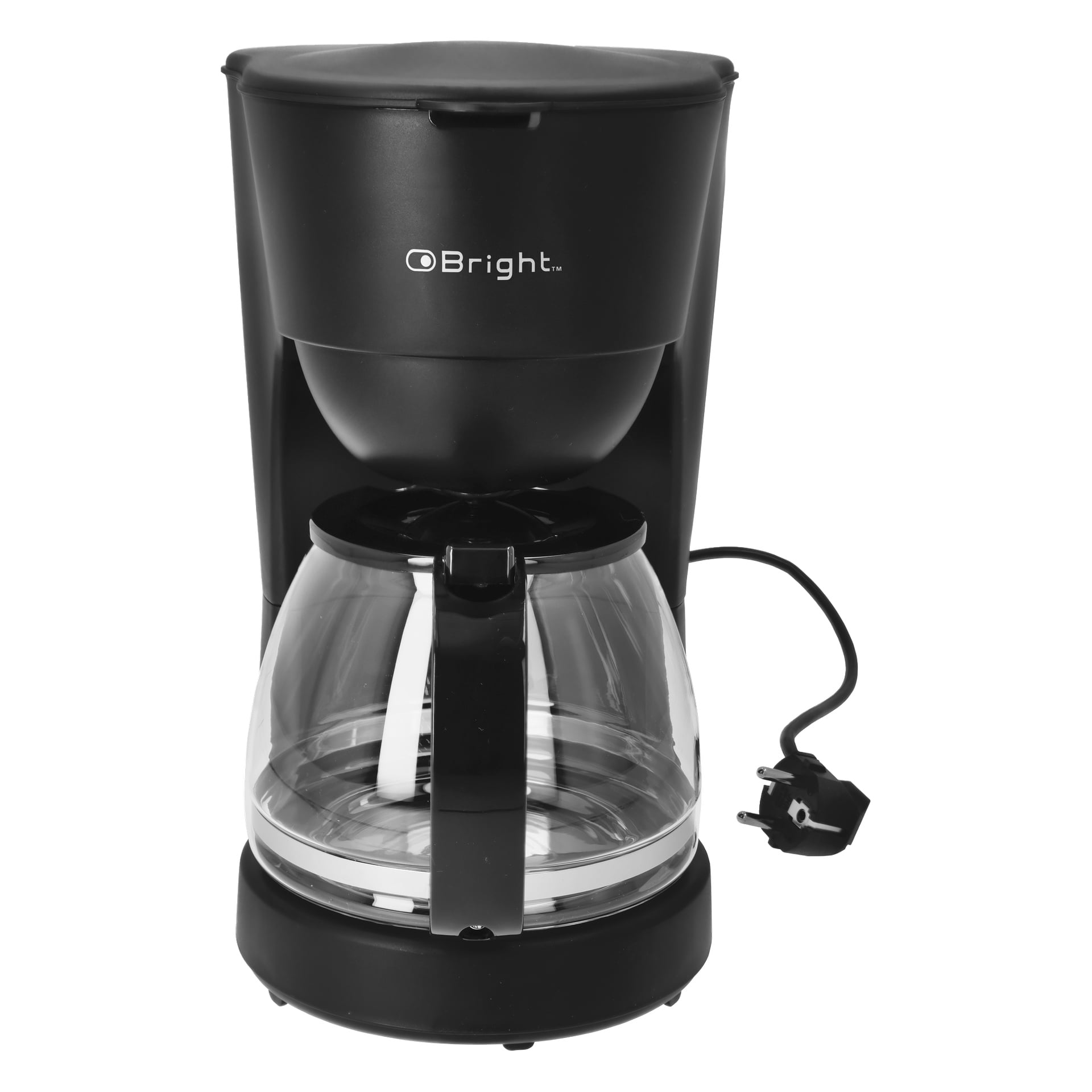 En svart Bright Coffee Maker med glaskaraff, svart handtag och tvåpolig strömkabel.