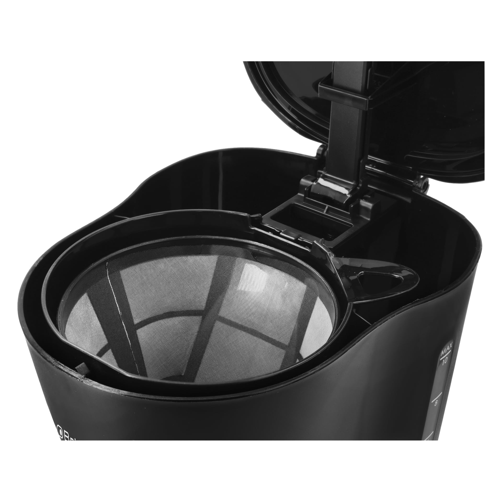 Den svarta Bright Coffee-bryggaren visas i närbild med locket öppet, vilket avslöjar filterkorgen inuti.
