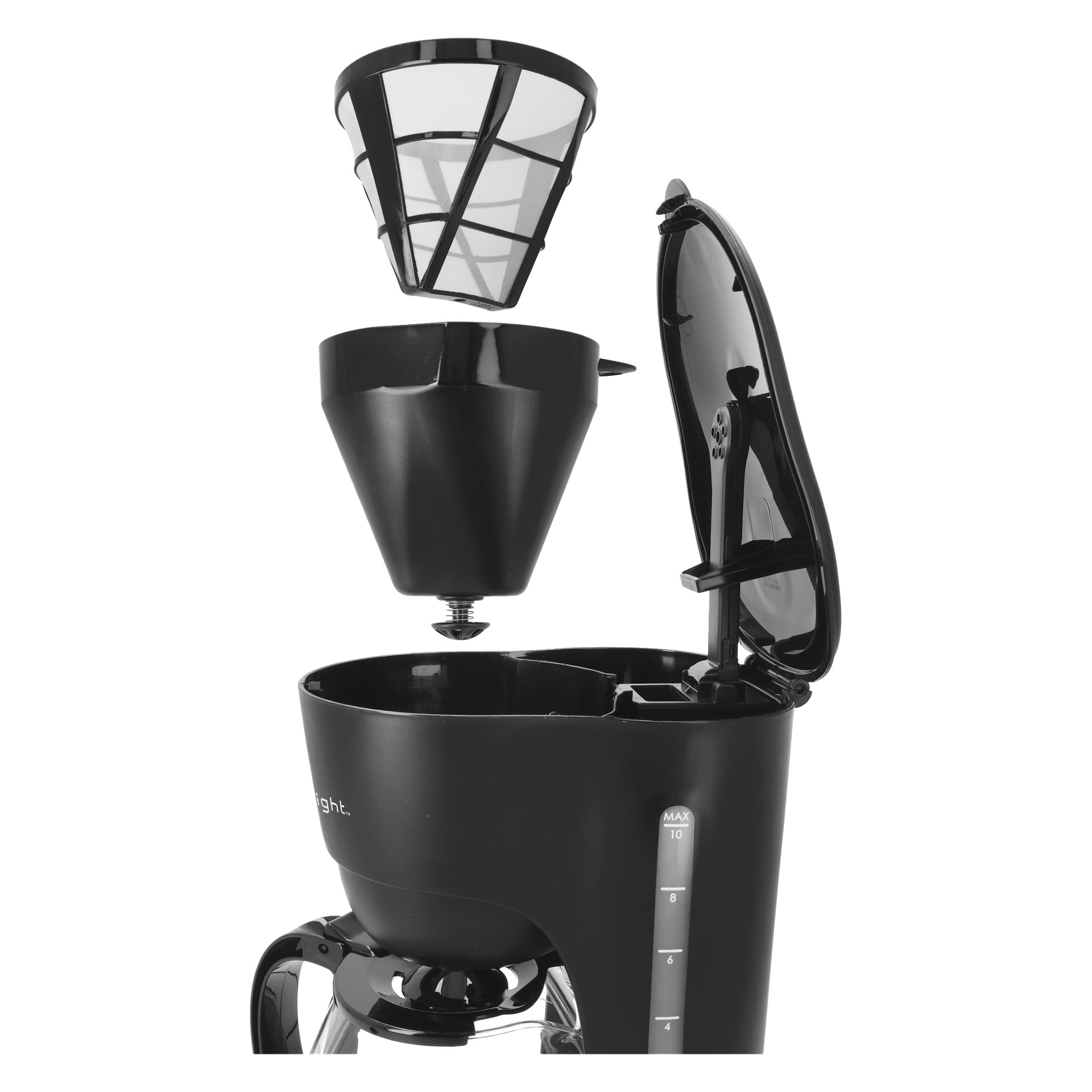 En svart Bright Coffee Maker med öppet lock visar en avtagbar, konformad filterkorg och en glaskaraff under.