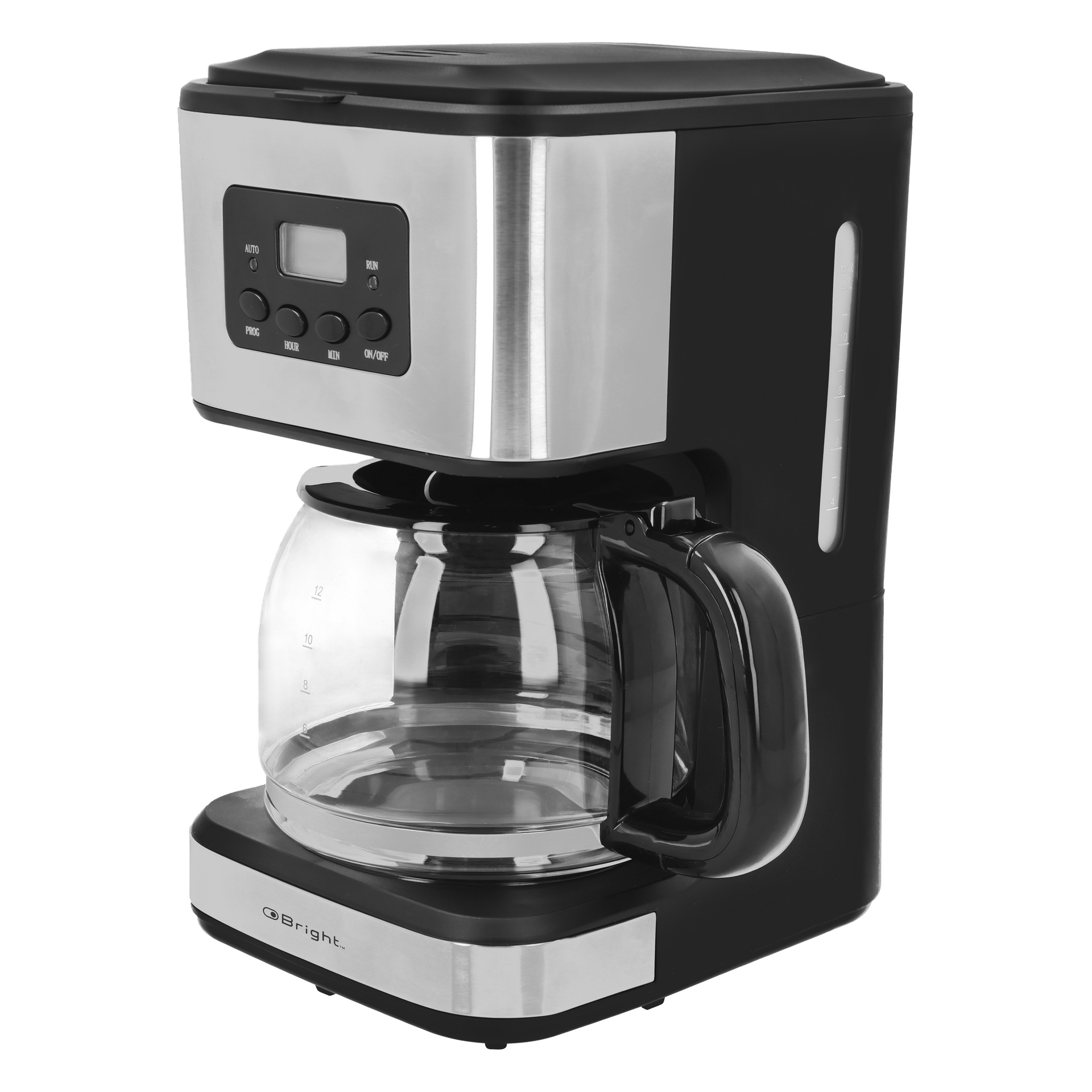 Bright Coffee Maker mit schwarzem und rostfreiem Stahlgehäuse, Glaskaraffe auf Wärmer, digitalem Bildschirm und Tasten auf der Front.