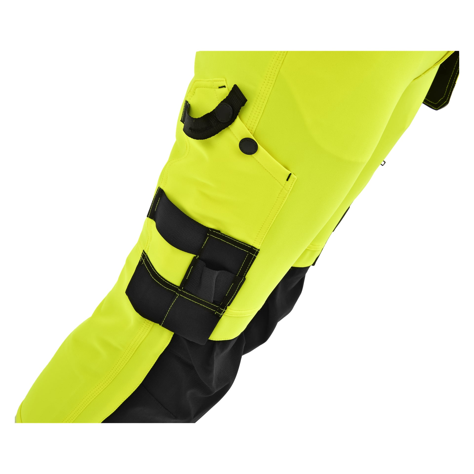 Detaljerad vy av Bluewear Pro Workwear Stellas dambyxor med ljusgul färg och svarta fick- och remdetaljer.