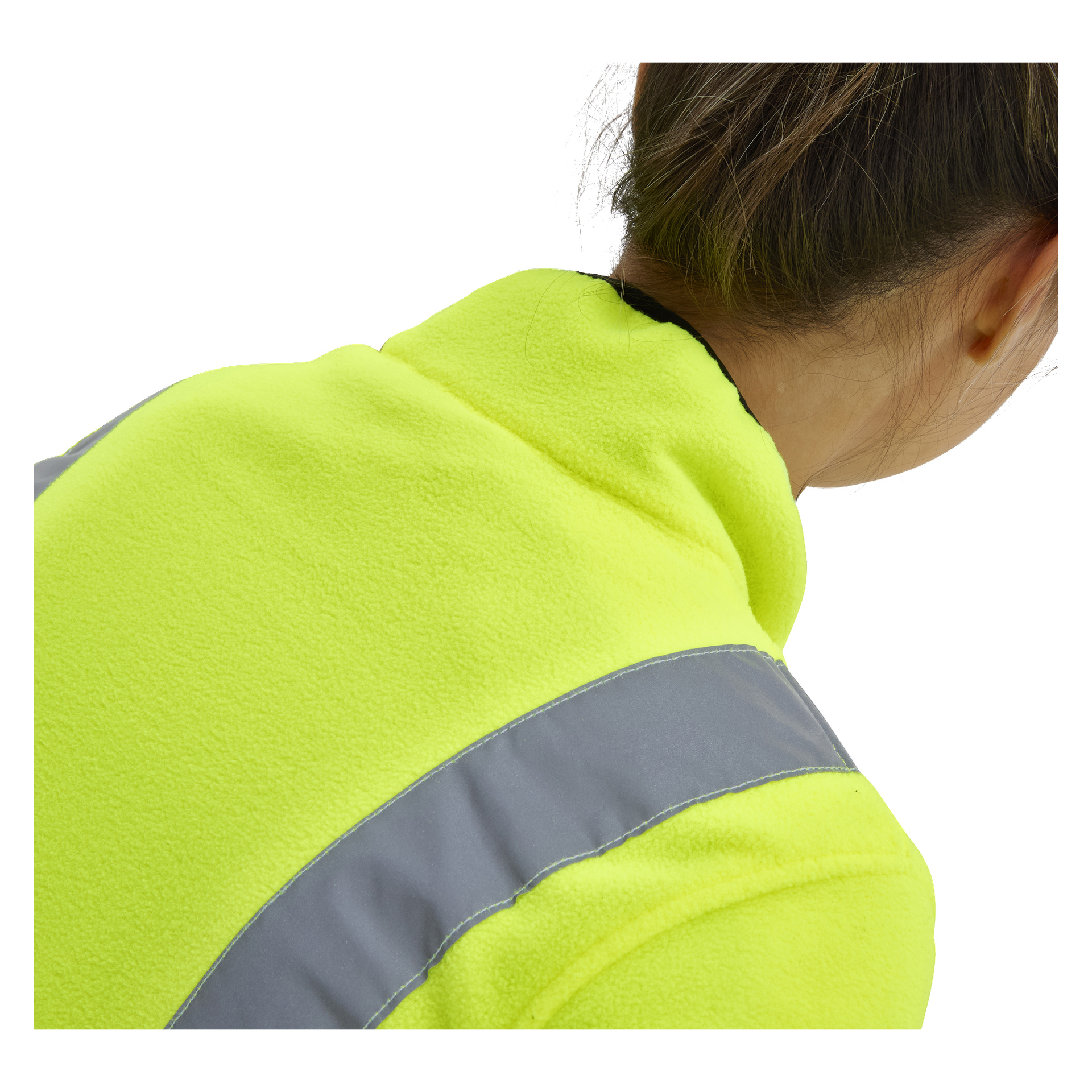 En kvinna med brunt hår syns bakifrån iklädd Bluewear Ladies hi-Vis fleecejacka Canoe med reflekterande grå ränder på axlarna.