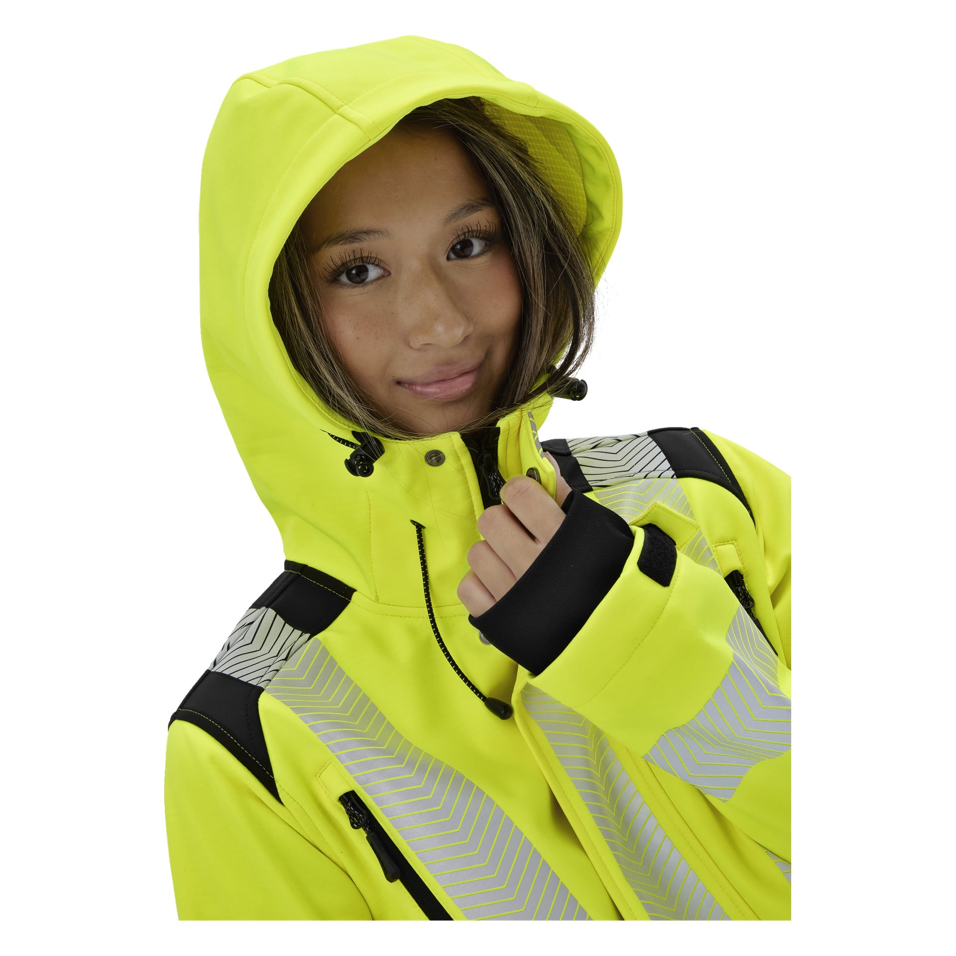 En person i en klargul Bluewear Hi-Vis Merrit softshell-jacka med reflekterande ränder vänder sig mot kameran och håller i dragkedjan.