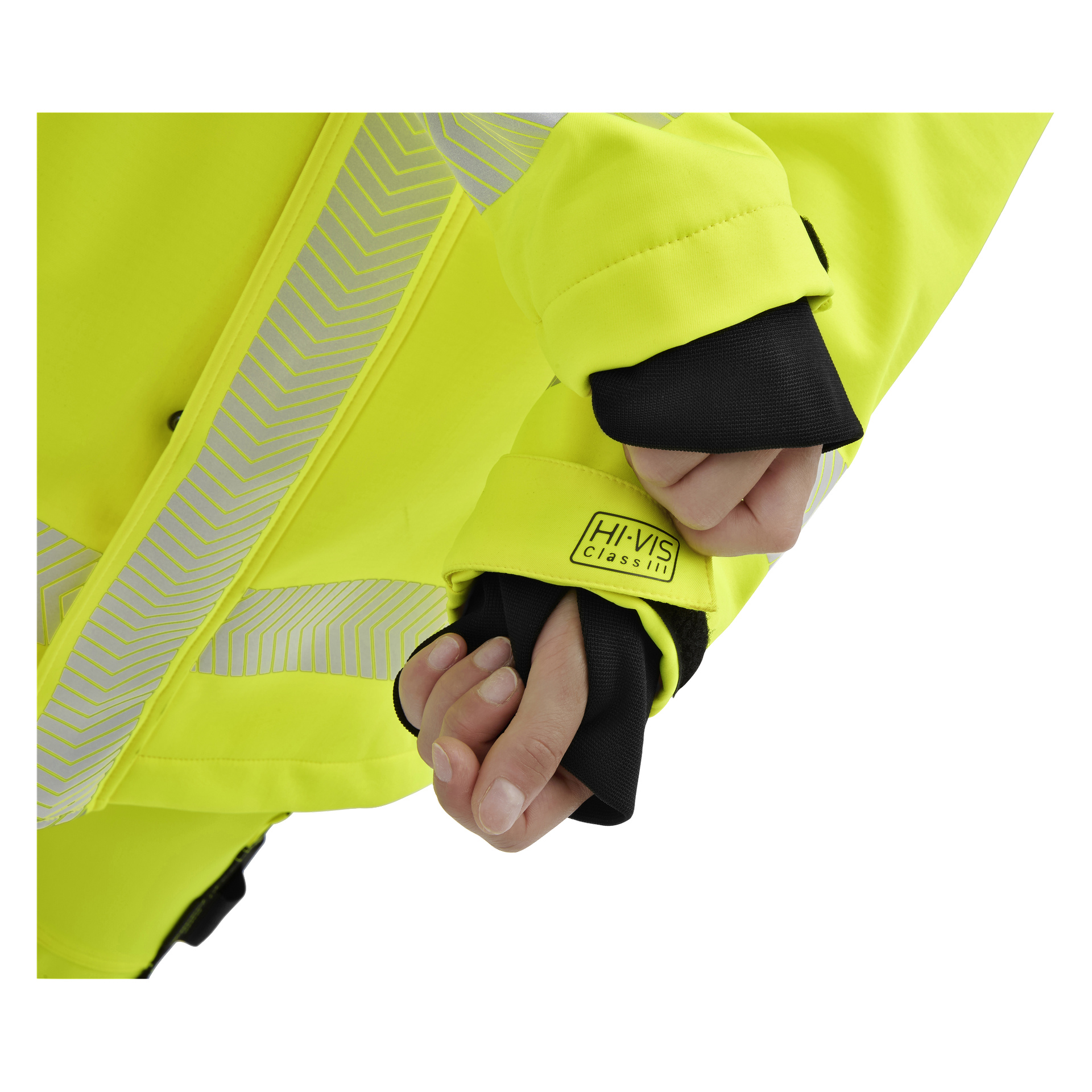Man justerar mudden på en klargul Hi-Vis Bluewear Merrit-jacka med reflekterande ränder och en svart innerärm.