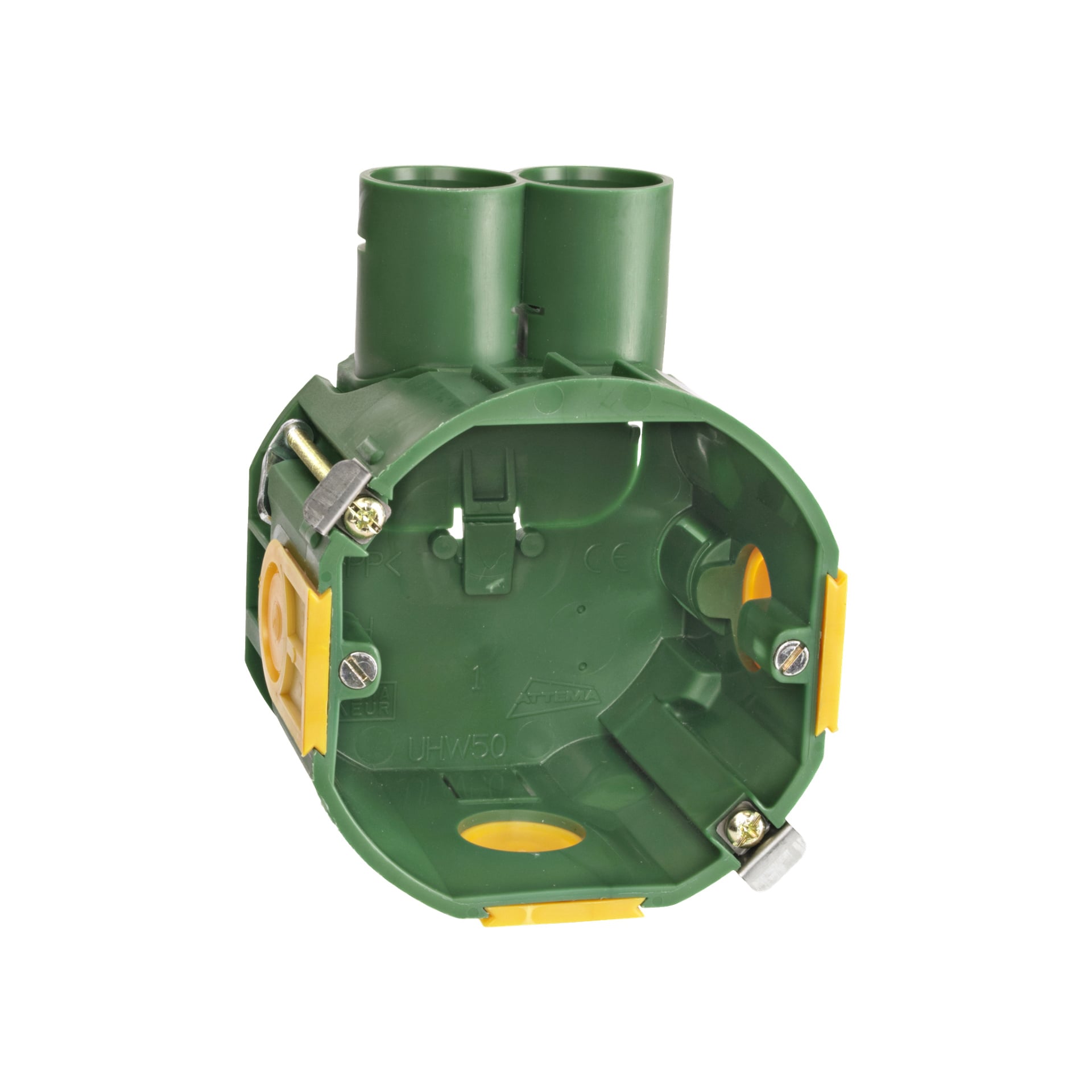 Rutab Multi-box grön plastväggdosa med två cylindriska hål ovanpå, gula klämmor på sidorna och exponerade skruvar. Designad för installation av uttag eller strömbrytare i väggen. Lådan är tom.