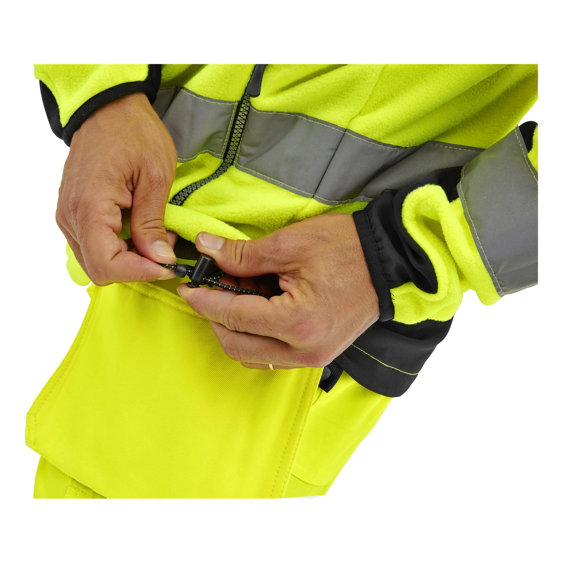 Personen drar upp Bluewear Hi-Vis Chase-fleecen, en gul jacka med reflekterande remsor.