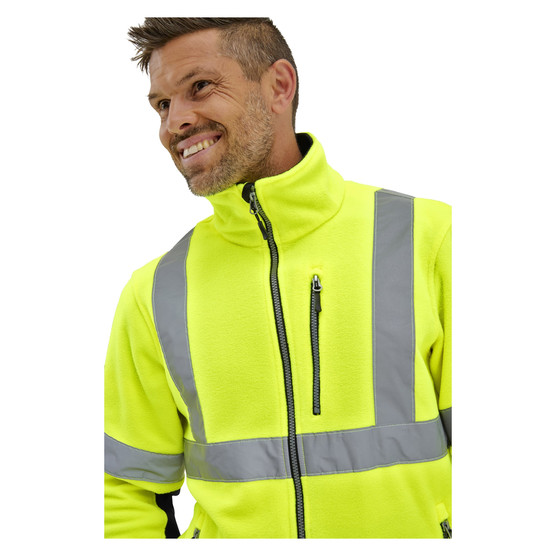 En man i en klargul Bluewear Hi-Vis fleecejacka med grå ränder, dragkedja fram och bröstficka ler och tittar åt sidan.