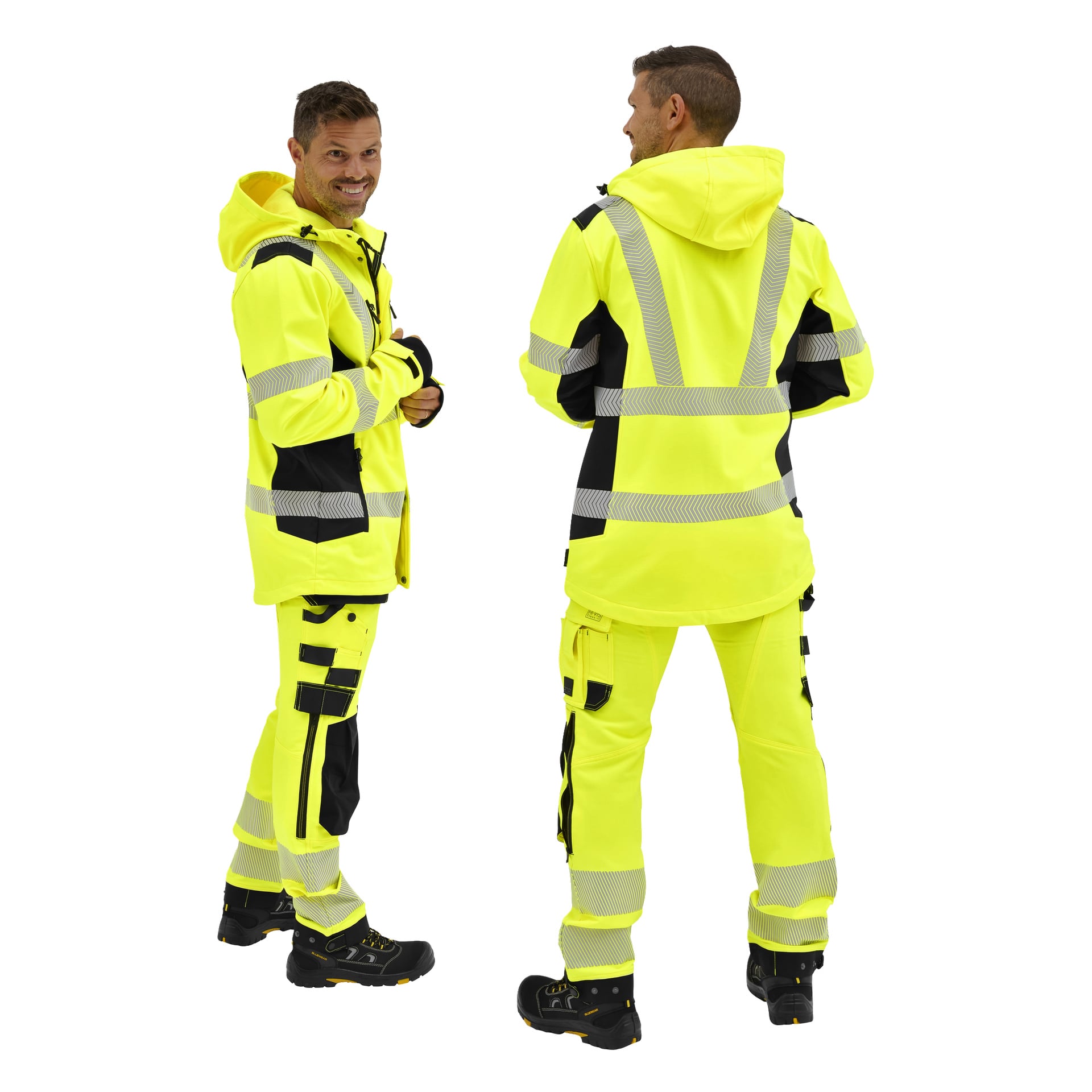 Två män visar den gula Bluewear Hi-Vis Kingston-jackan med svarta detaljer och reflekterande ränder; Båda bär svarta skyddsskor.