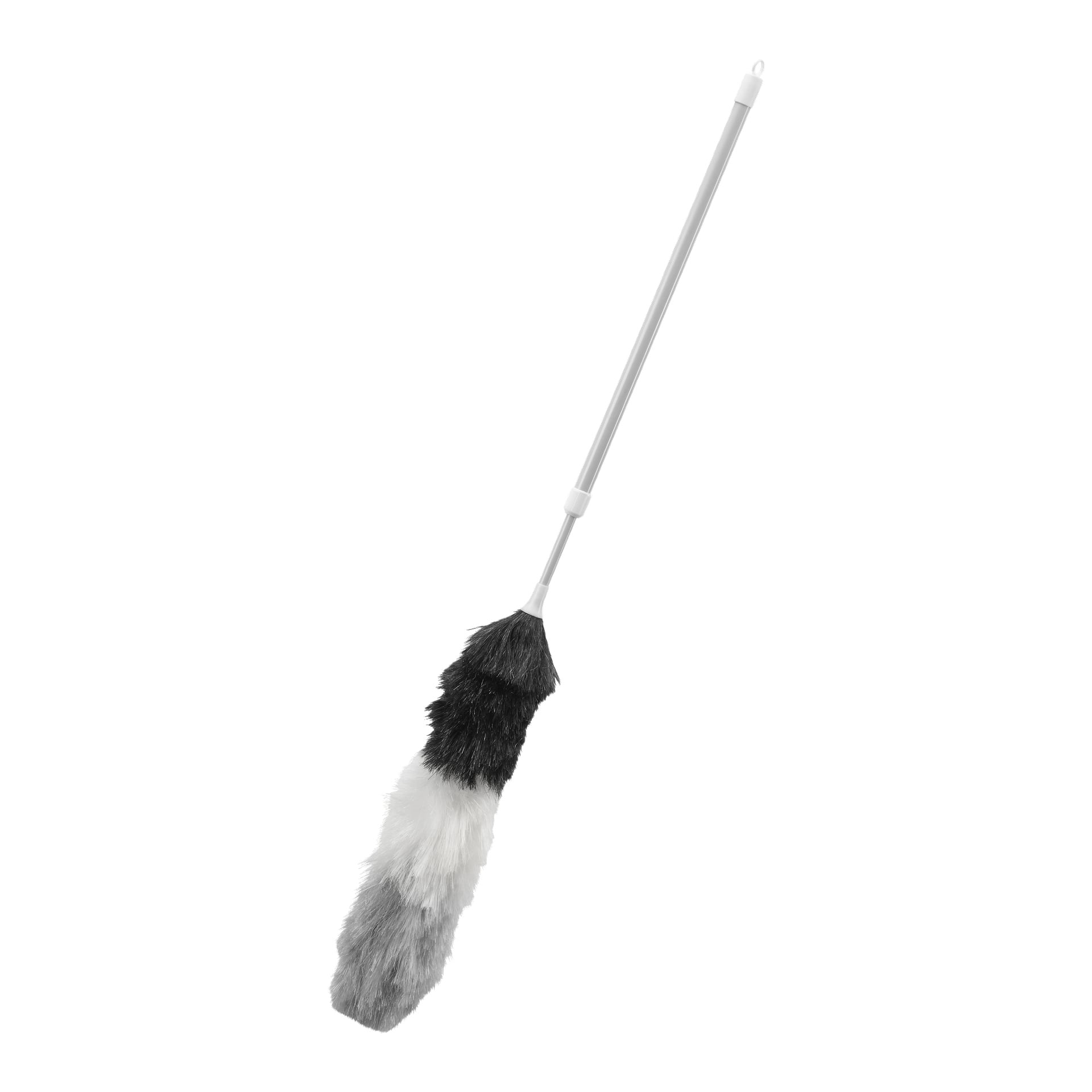 Menuett Feather Dusterilla on pitkä valkoinen kahva, jossa on pörröiset höyhenet mustan, harmaan ja valkoisen sävyissä.