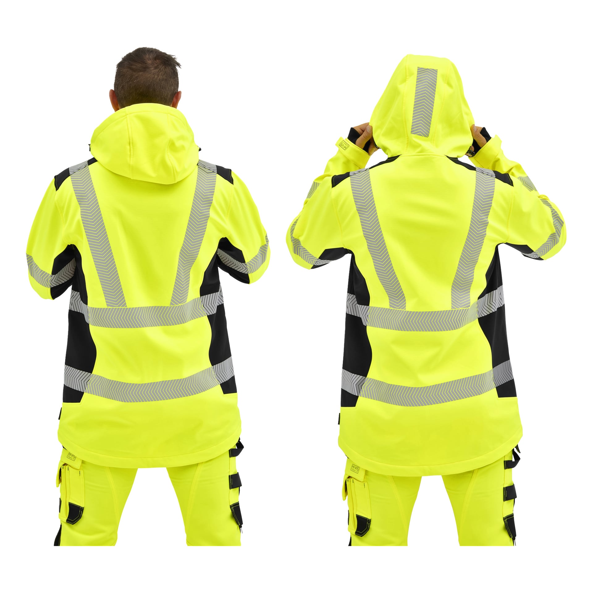 Två personer i klargula blå bär Hi-Vis-jackor med reflekterande ränder, en huva upp, en nere, båda vända bortåt.