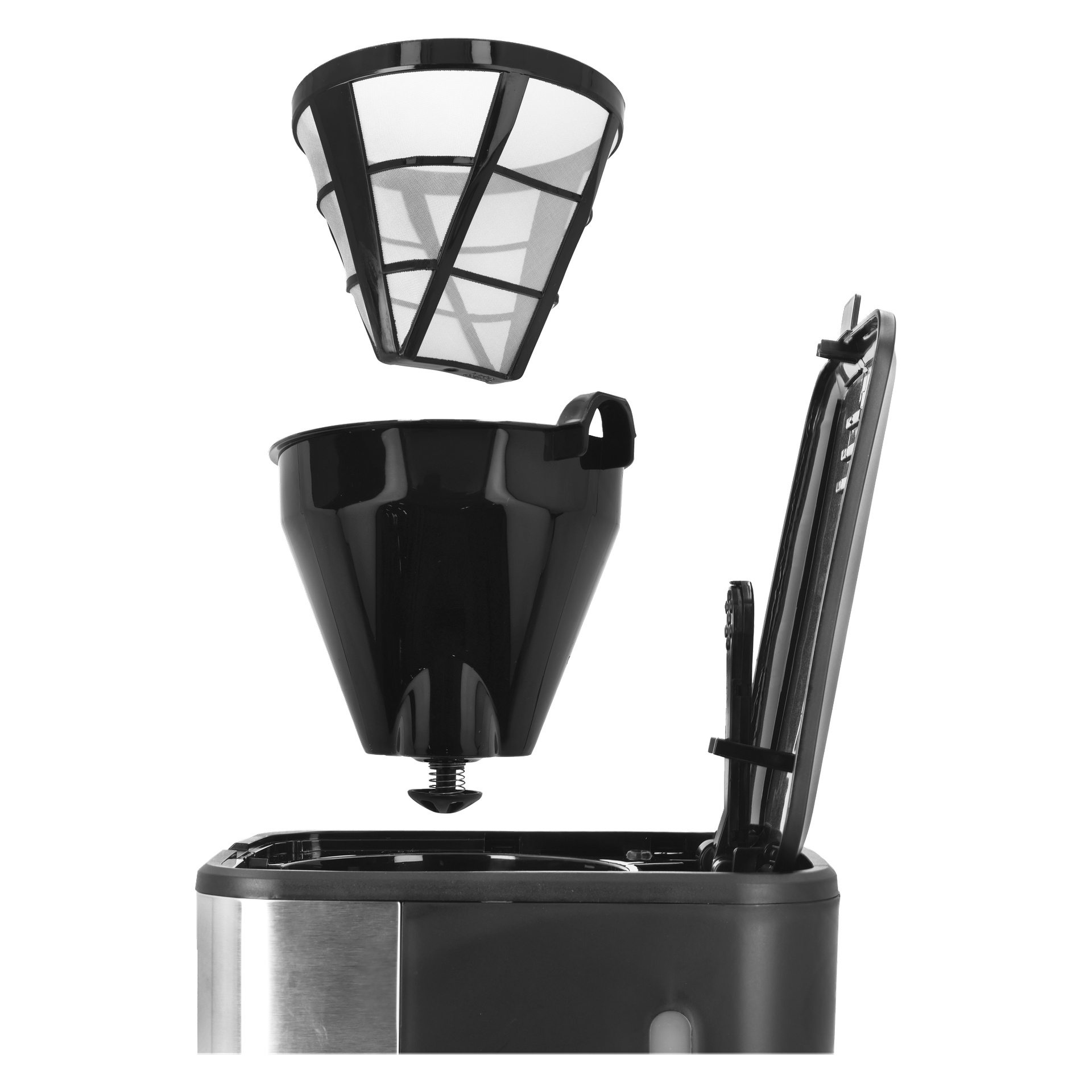 Die Bright Coffee Maker steht mit erhobenem Deckel und zeigt darin einen abnehmbaren schwarzen Filterhalter und einen Netz-Kaffeefilter.