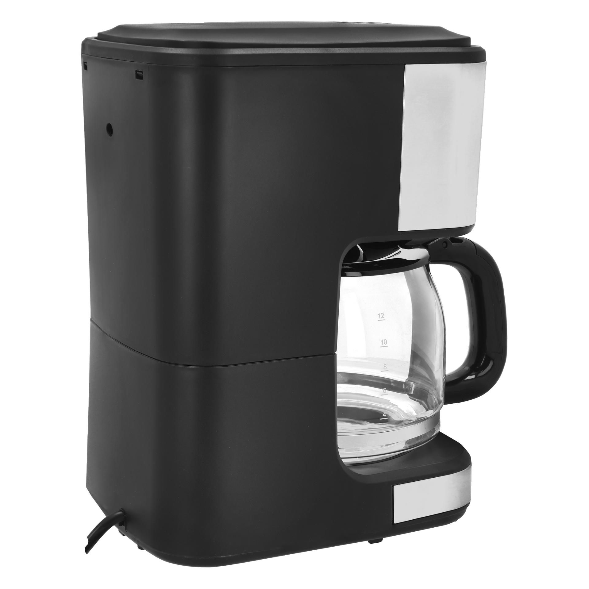 Die Bright Coffee Maker hat ein schlankendes schwarzes Gehäuse, eine Glaskaraffe mit schwarzem Griff, Wasserstandanzeiger und ein hinteres Netzkabel mit Seitenansicht.