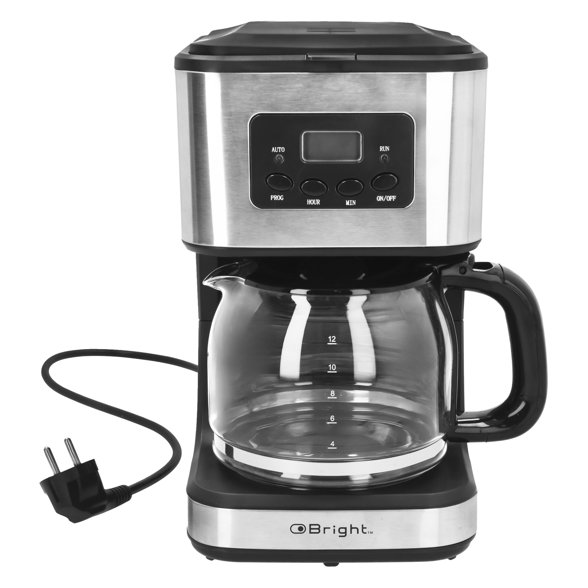 Die Bright Coffee Maker ist aus Edelstahl, eine Glaskanne, ein digitales Display, Bedientasten und ein zweipoliges Stromkabel.