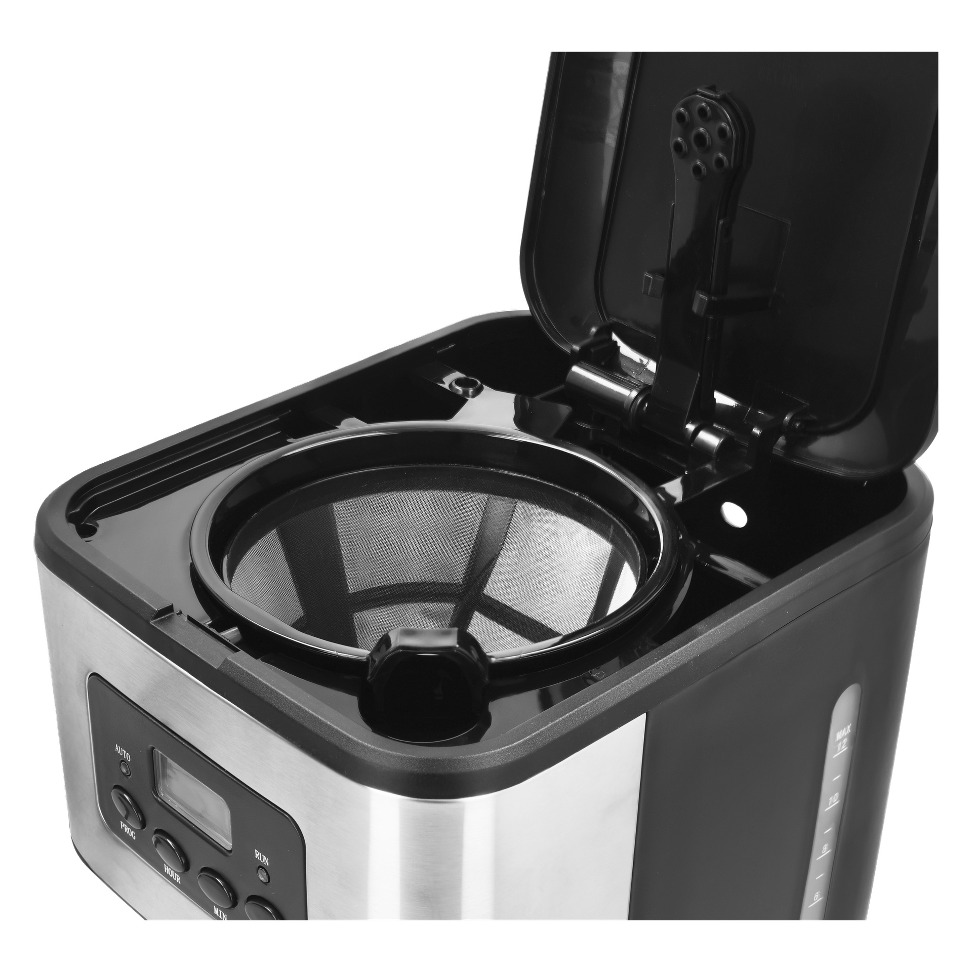Eine Nahaufnahme einer Bright Coffee Maker mit ihrem Metallgitterfilter im offenen Deckel, dem vorderen digitalen Display und den sichtbaren Bedientasten.