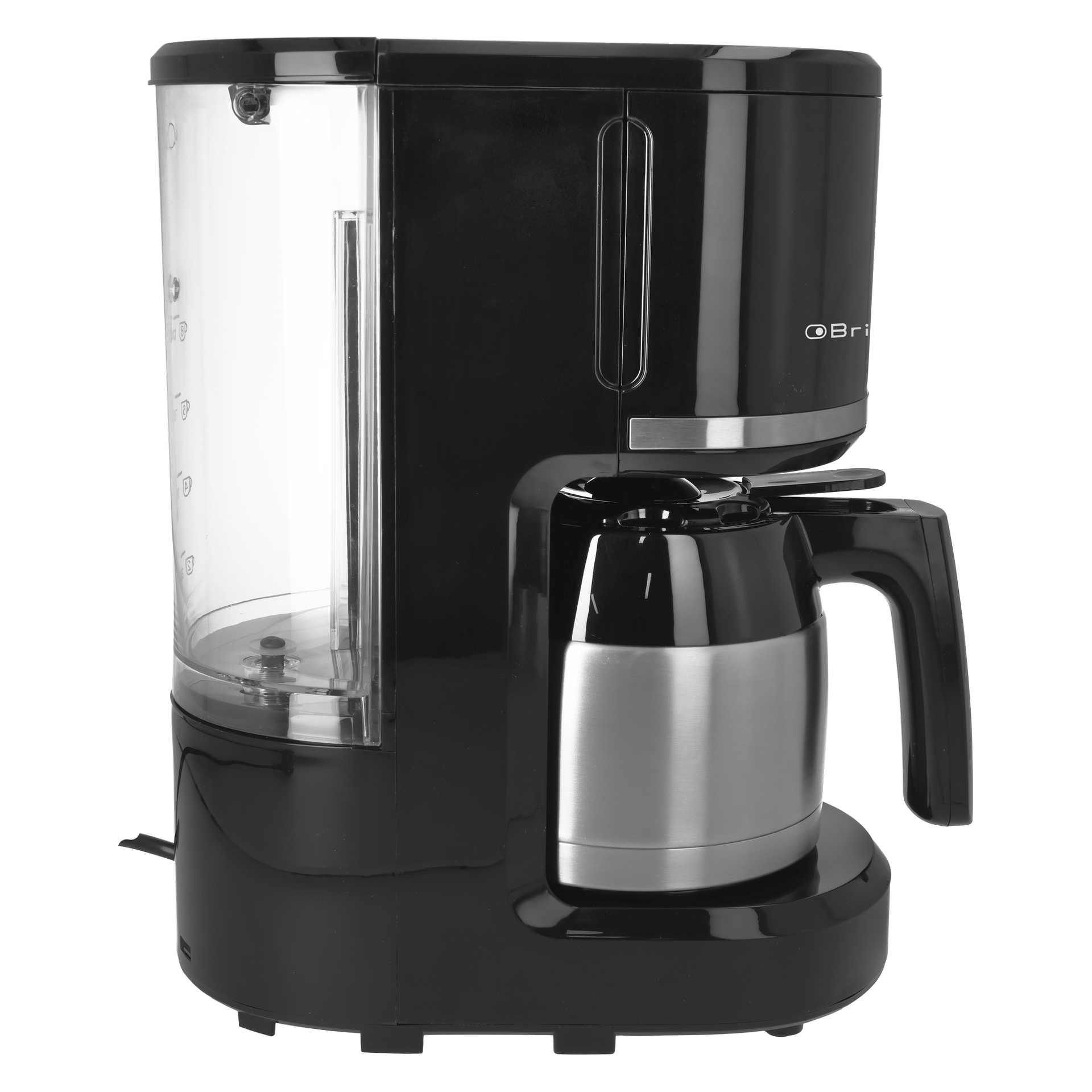 Bright Coffee -keittimessä on musta runko, vasemmalla puolella kirkas vesivarasto ja oikealla puolella ruostumattomasta teräksestä valmistettu lämpökannu (thermal carahve).
