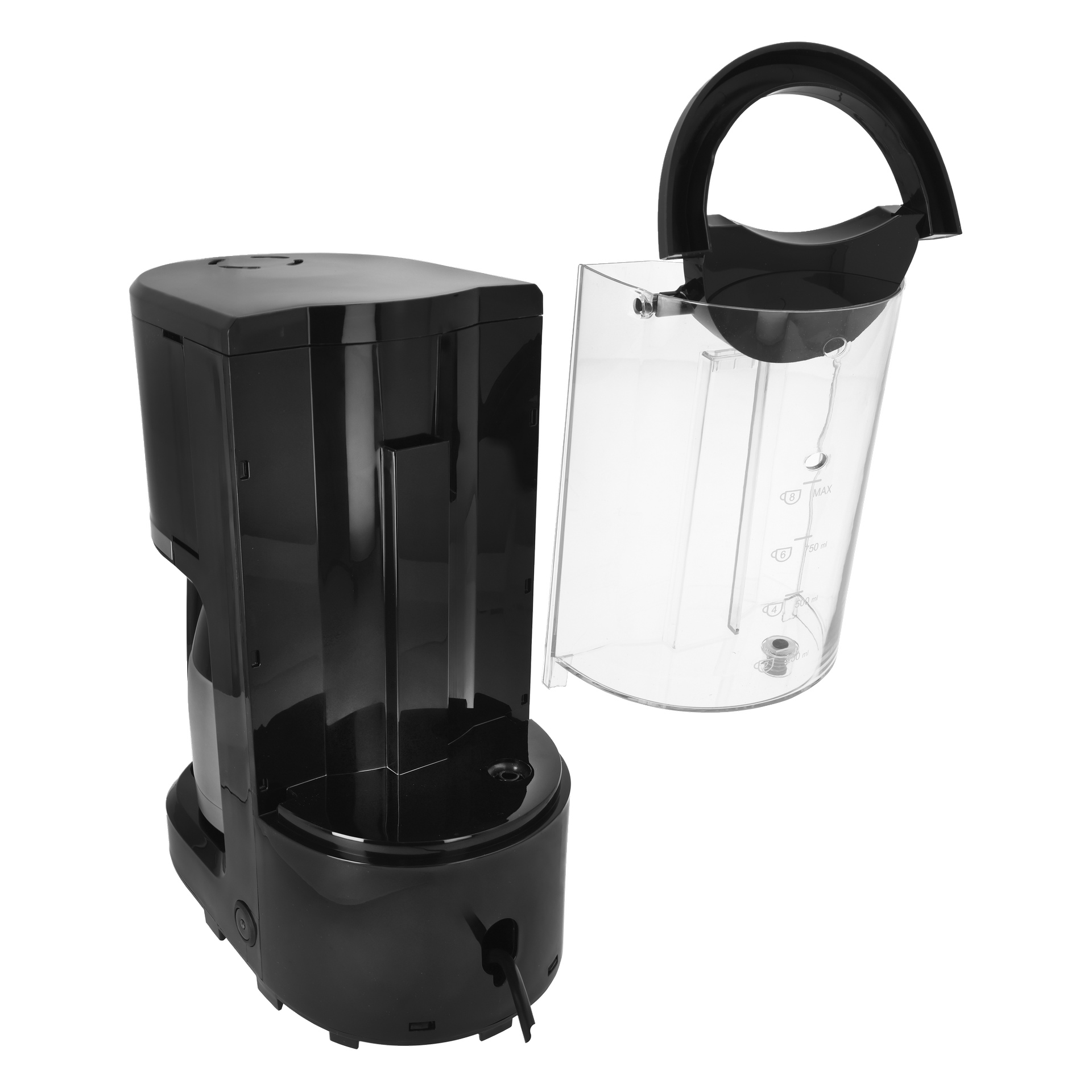 Musta Bright Coffee -keitin, jonka läpinäkyvä säiliö on poistettu ja asetettu viereen, paljastaen mittausmerkit ja tyhjän paikan.