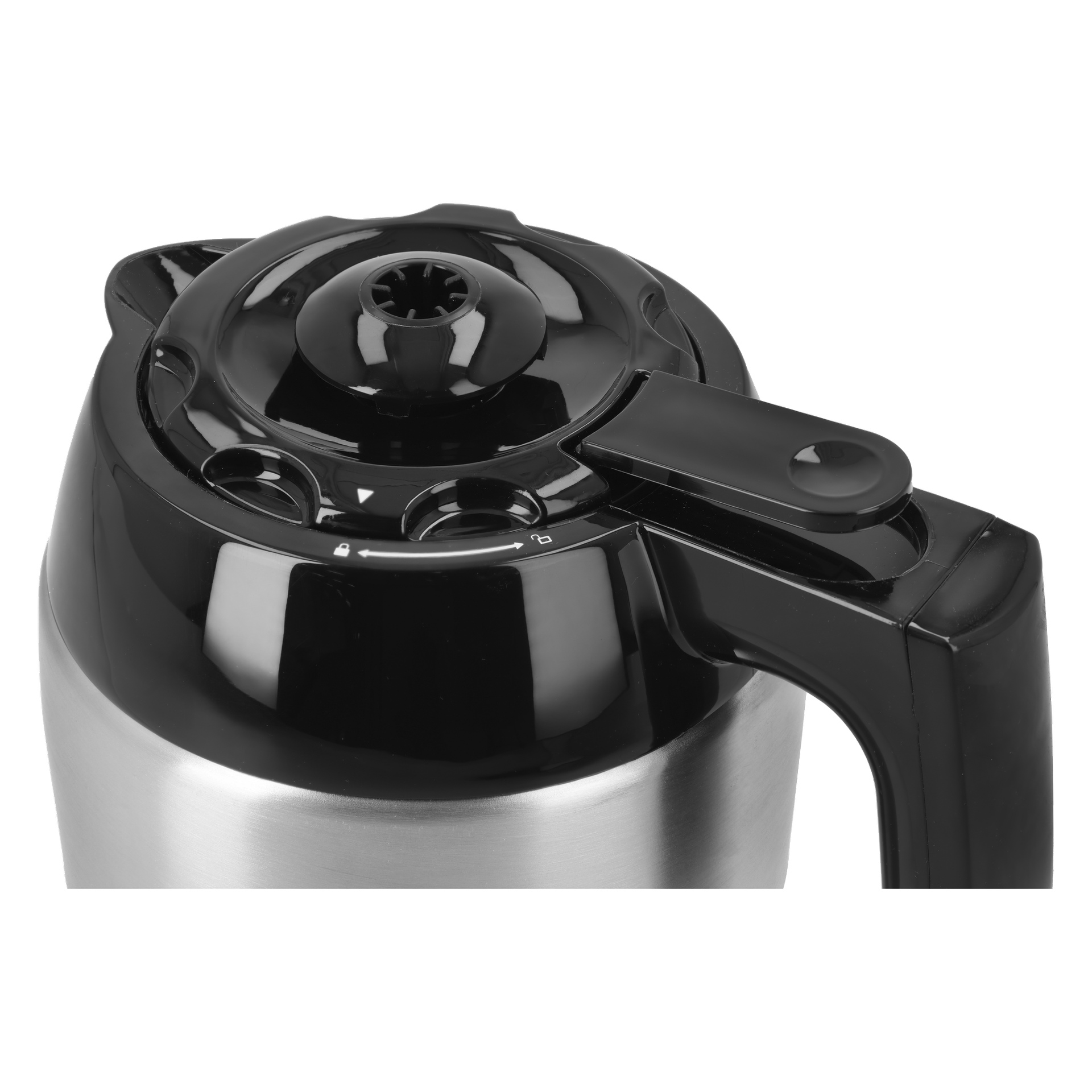 Lähikuva Bright Coffee Makerin kannesta, jossa on ruostumattomasta teräksestä valmistettu runko, musta kansi ja kahva, reiät ja kaatopainike.