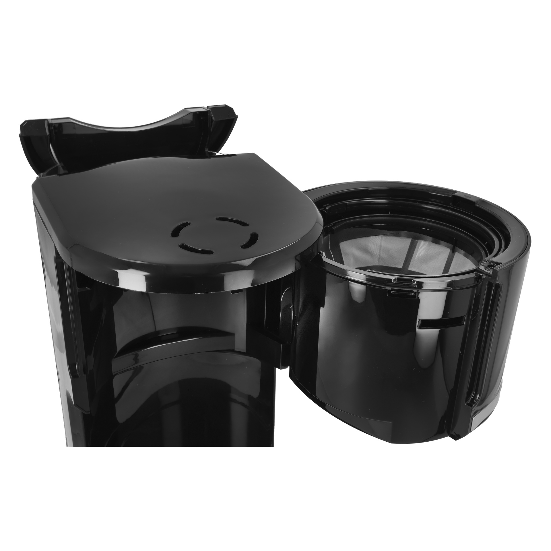 Lähikuva Bright Coffee -keittimestä avoinna kannella, paljastaen suodatinlokeroin ja muun laitteen taustalla.