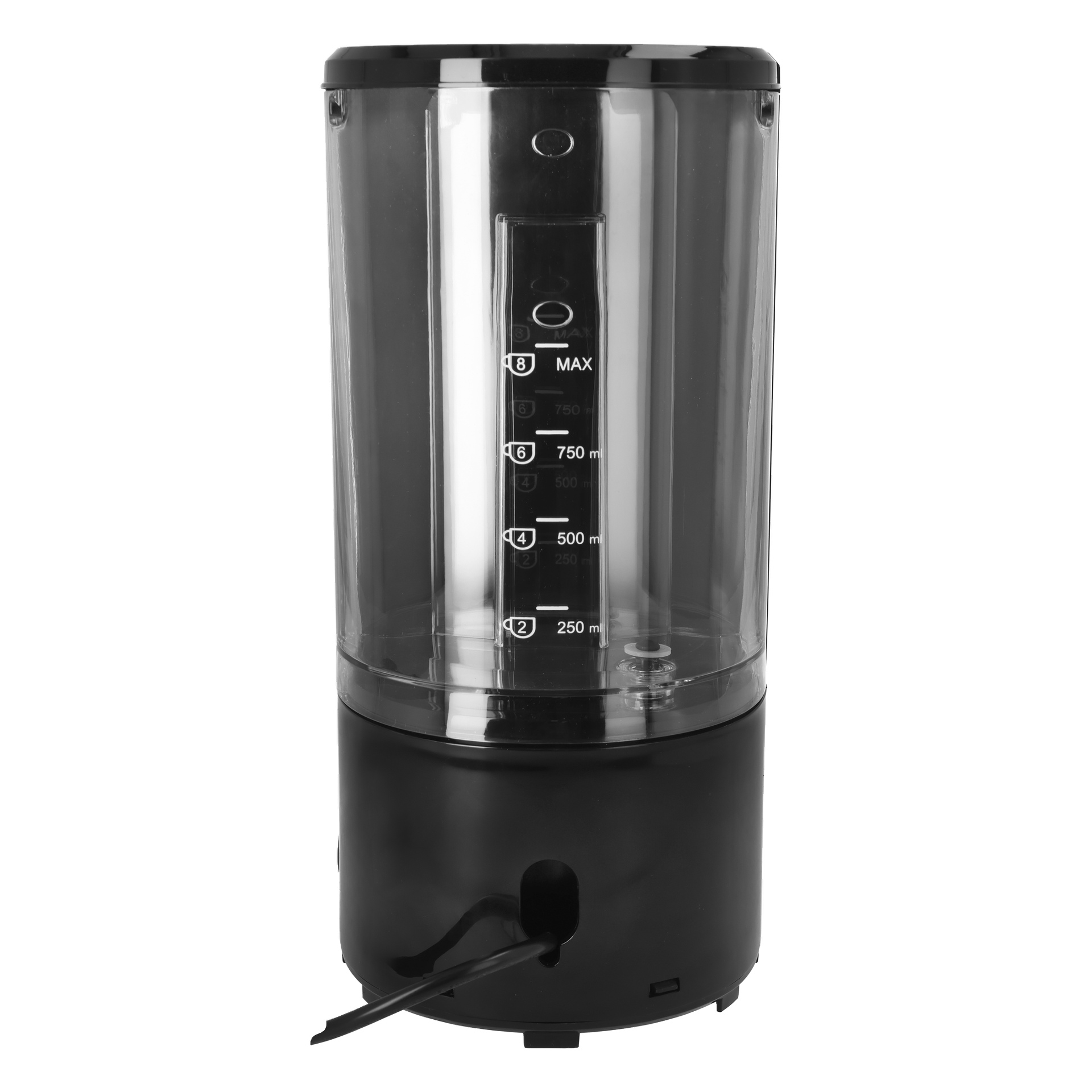 Bright Coffee Makerissa on kirkas runko, musta pohja, 250–1000 ml:n merkinnät ja pohjassa kaatamista varten.