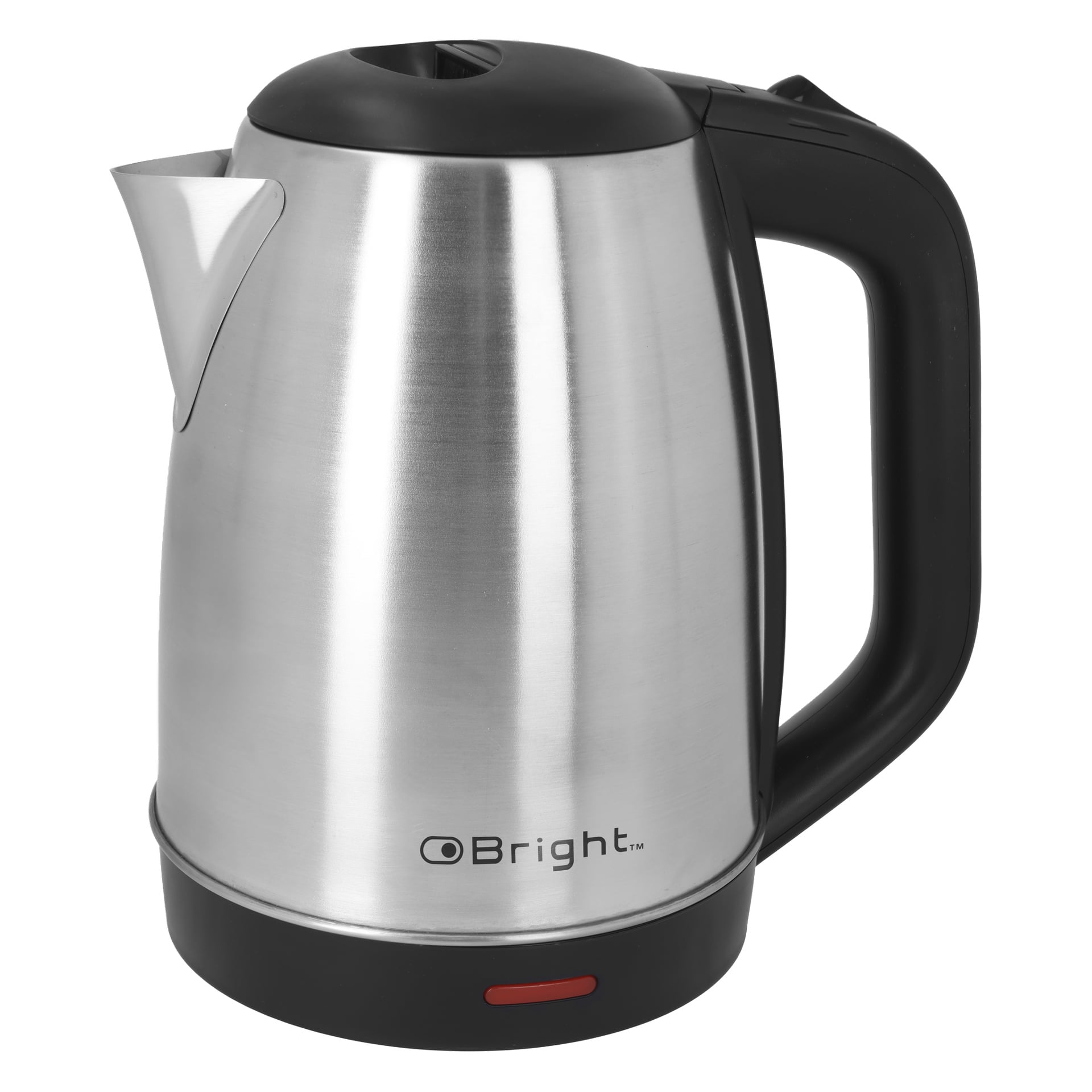En vattenkokare i rostfritt stål med svart handtag och botten, märkt "Bright" på framsidan. Det finns en liten röd indikatorlampa på basen. Vattenkokaren har en pip och ett stängt lock.