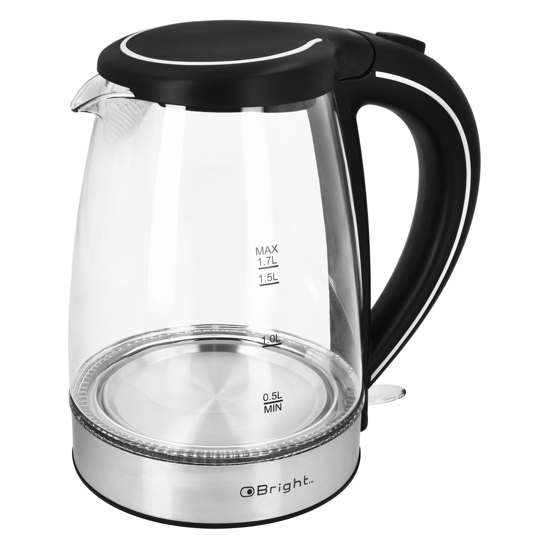 Ein transparenter elektrischer Wasserkocher mit schwarzen und silbernen Akzenten, Wasserstandsmarkierungen an der Seite, einem schwarzen Griff und einem Sockel mit der Aufschrift Bright.